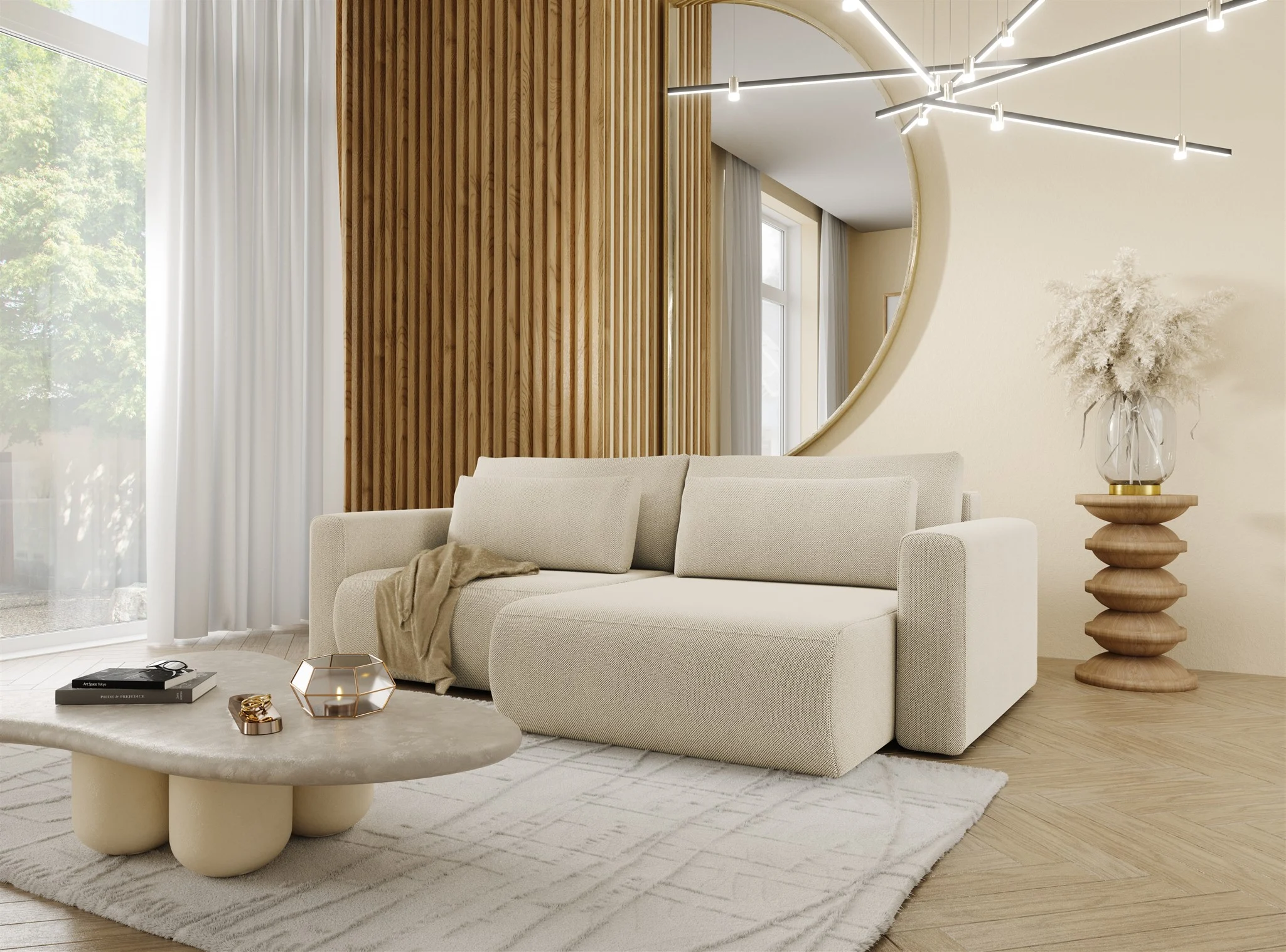 Ecksofa Sofa mit Schlaffunktion CHAIRA Stoff Curio Hellbeige Ottomane Rechts - Fun Möbel