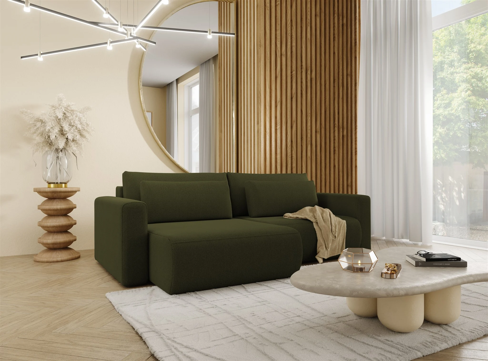 Ecksofa Sofa mit Schlaffunktion CHAIRA Stoff Curio Grün Ottomane Links - Fun Möbel