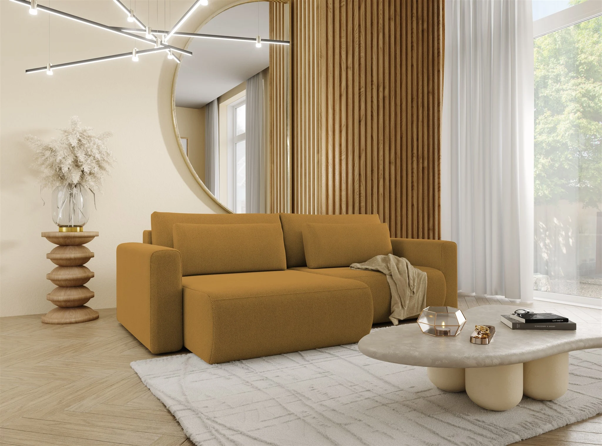 Ecksofa Sofa mit Schlaffunktion CHAIRA Stoff Curio Senfgelb Ottomane Links - Fun Möbel