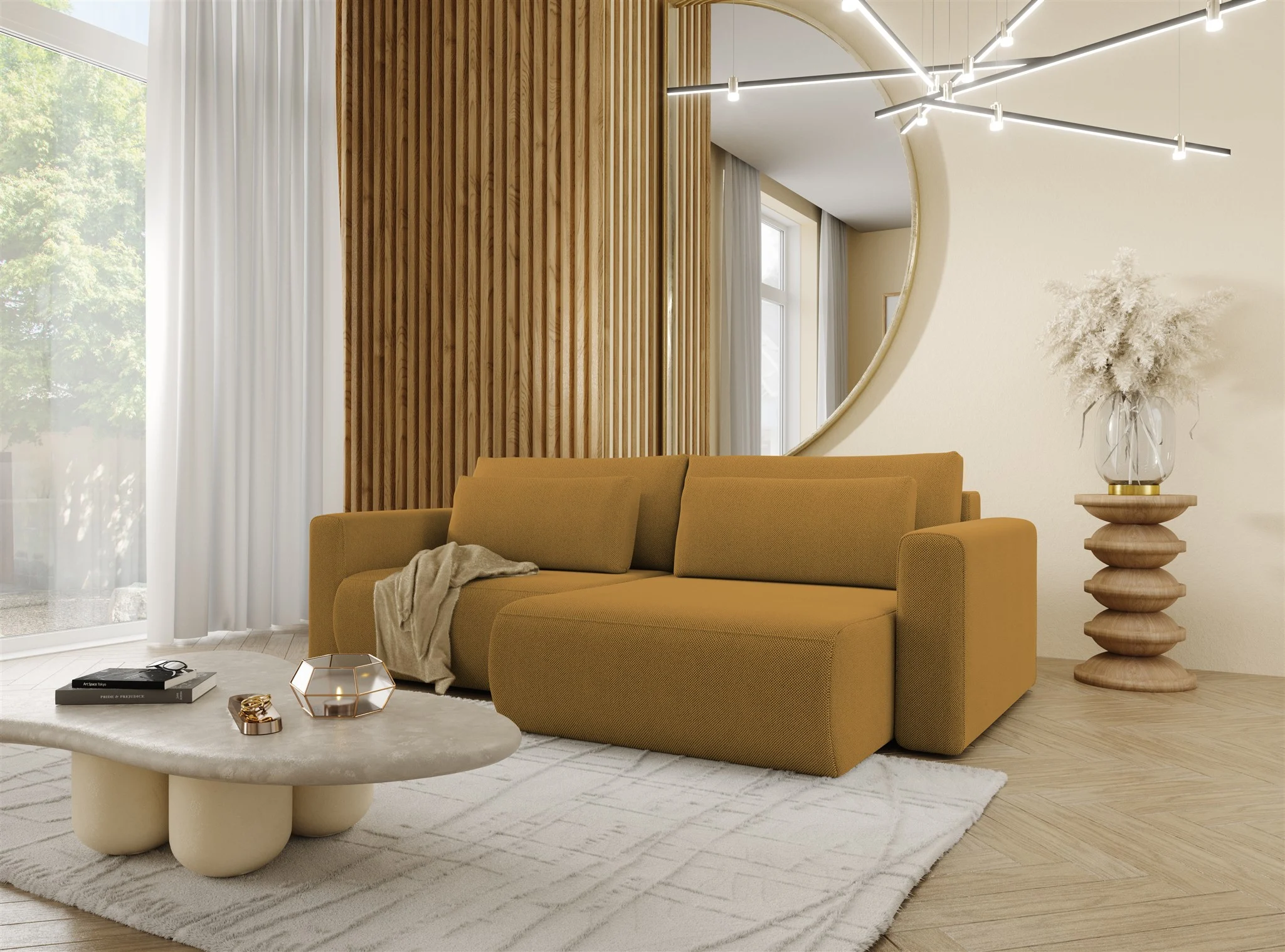 Ecksofa Sofa mit Schlaffunktion CHAIRA Stoff Curio Senfgelb Ottomane Rechts - Fun Möbel