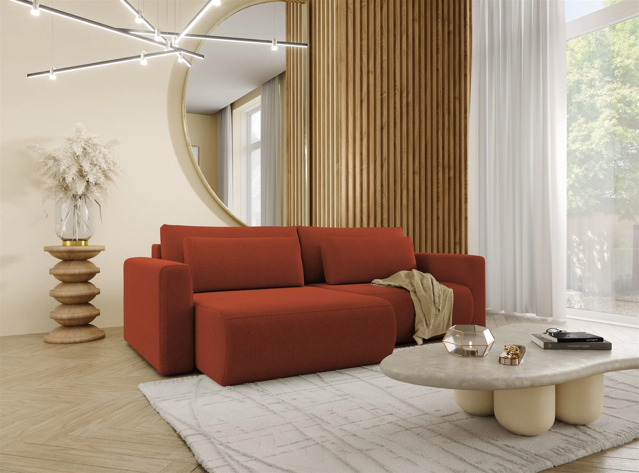 Ecksofa Sofa mit Schlaffunktion CHAIRA Stoff Curio Ziegelrot Ottomane Links - Fun Möbel