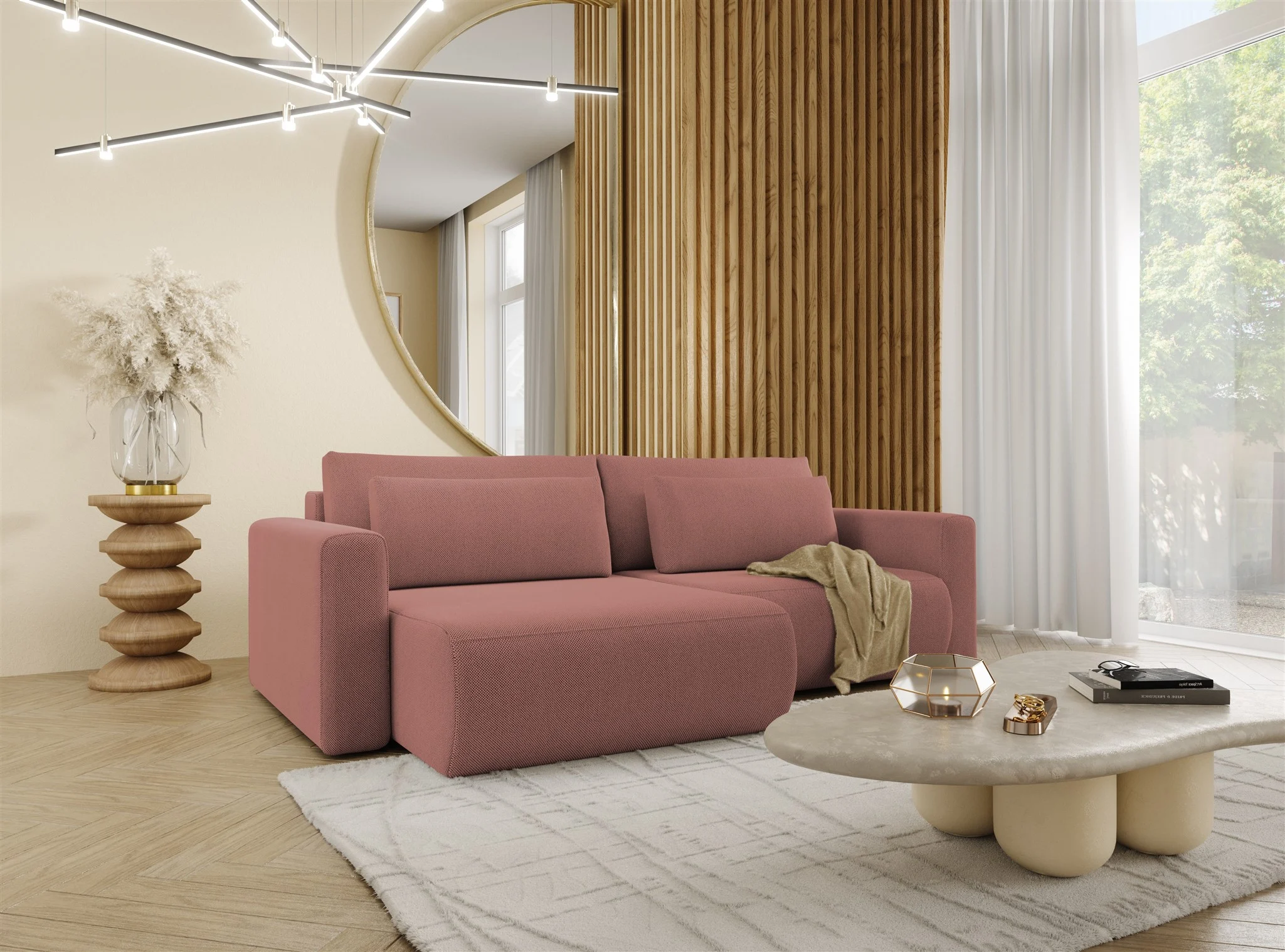 Ecksofa Sofa mit Schlaffunktion CHAIRA Stoff Curio Rose Ottomane Links - Fun Möbel