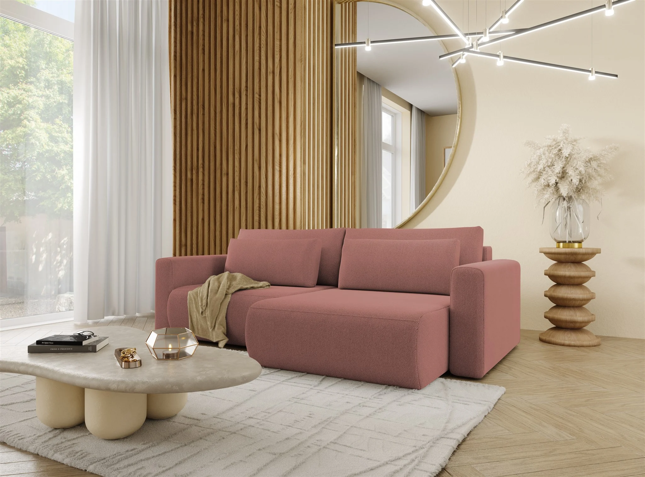 Ecksofa Sofa mit Schlaffunktion CHAIRA Stoff Curio Rose Ottomane Rechts - Fun Möbel
