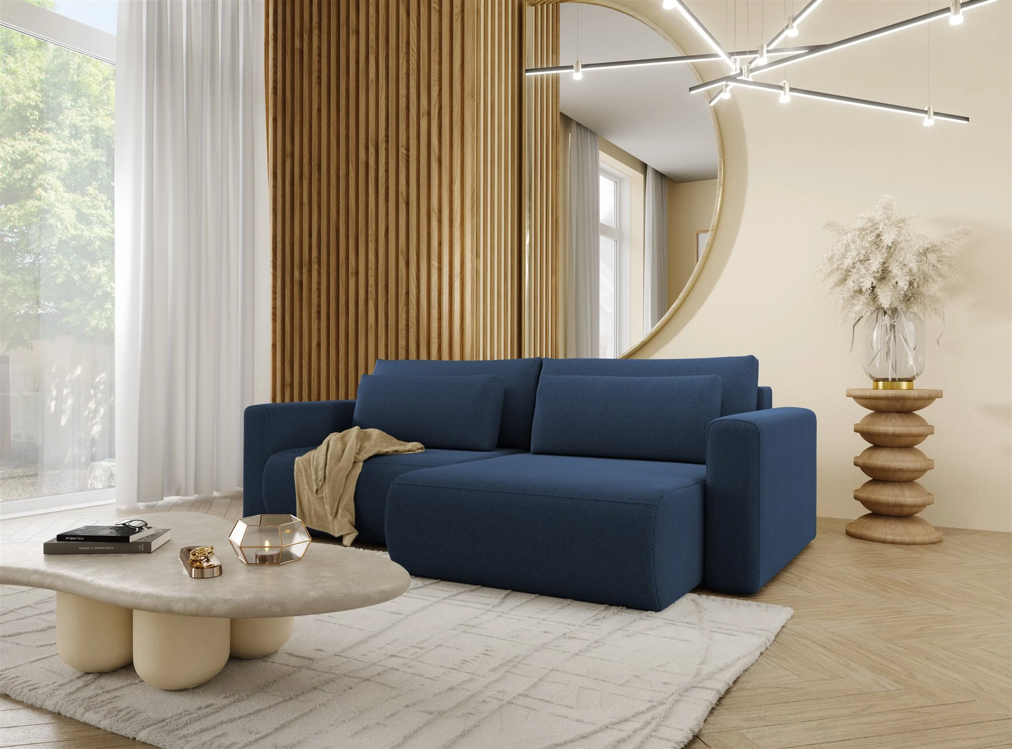 Ecksofa Sofa mit Schlaffunktion CHAIRA Stoff Curio Dunkelblau Ottomane Rechts - Fun Möbel