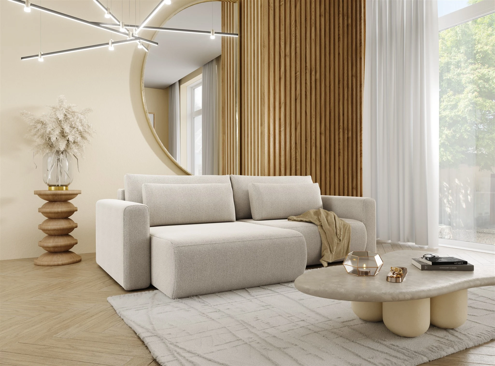 Ecksofa Sofa mit Schlaffunktion CHAIRA Stoff Curio Hellgrau Ottomane Links - Fun Möbel