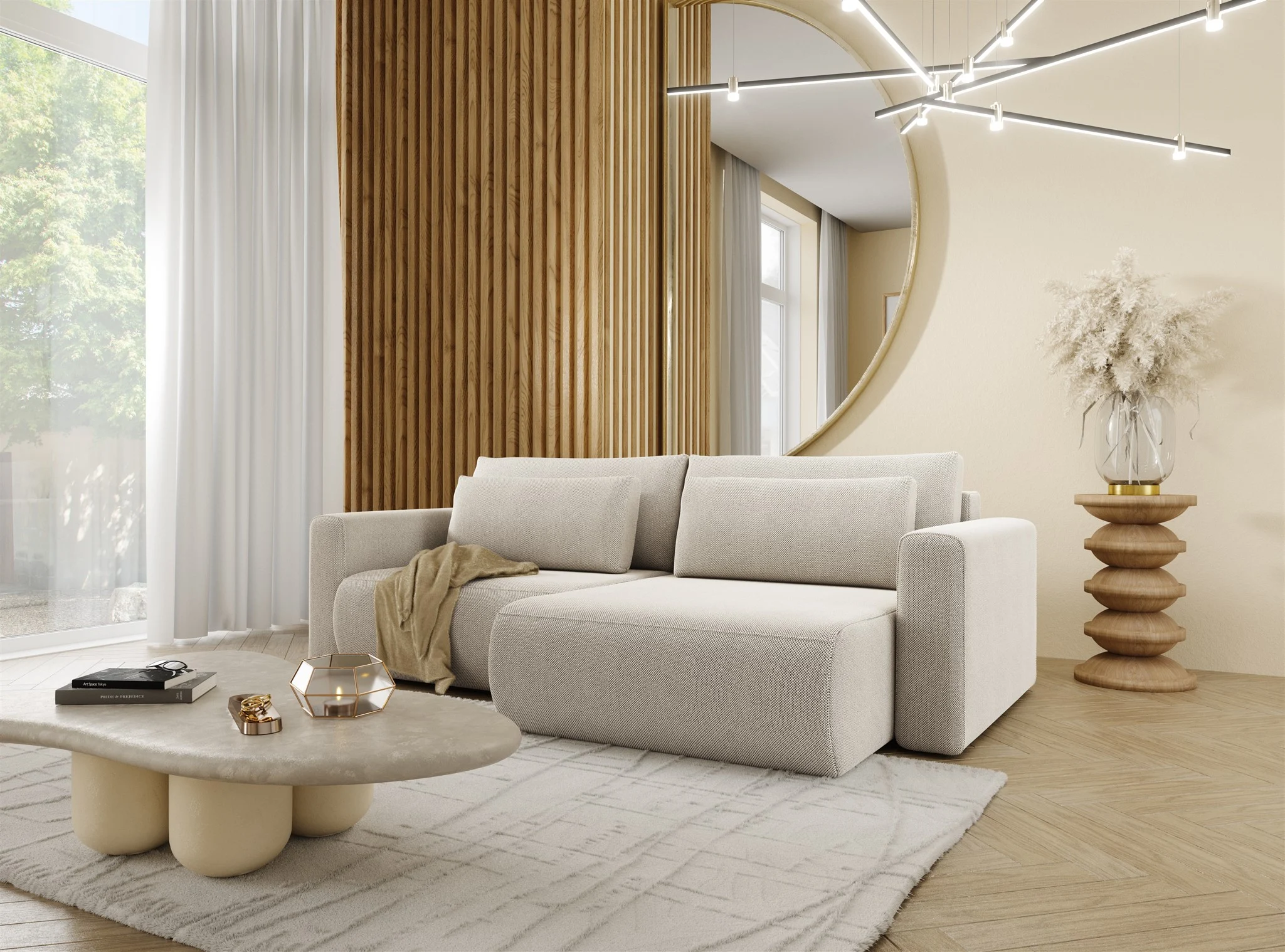 Ecksofa Sofa mit Schlaffunktion CHAIRA Stoff Curio Hellgrau Ottomane Rechts - Fun Möbel