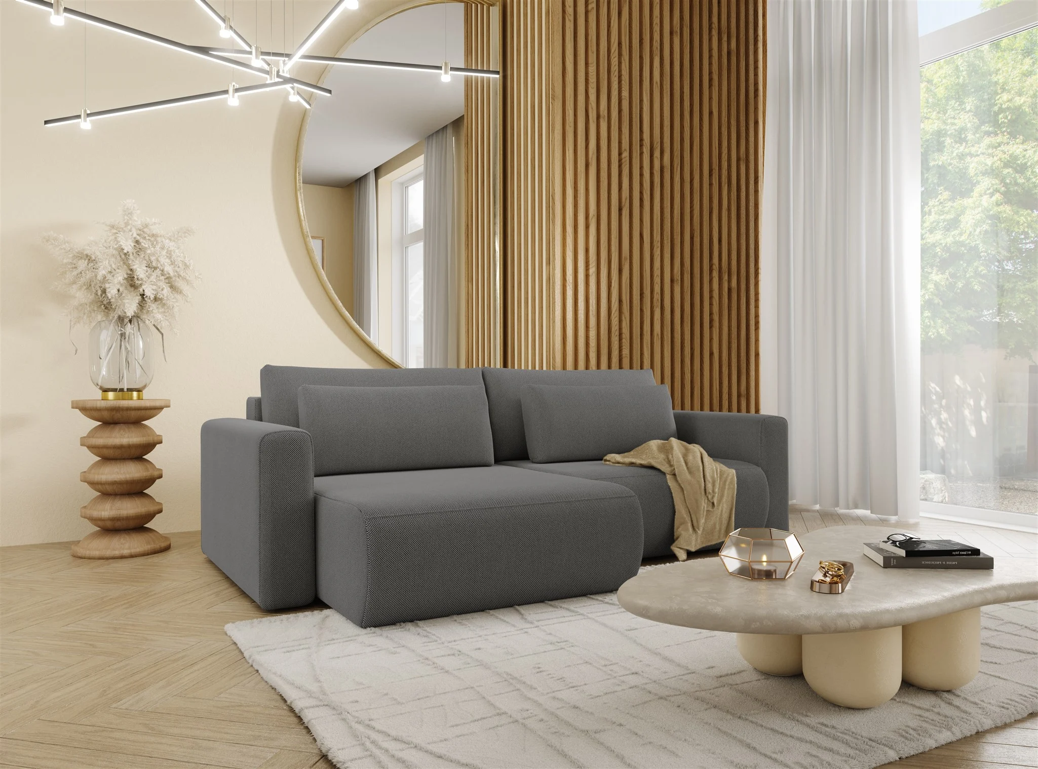 Ecksofa Sofa mit Schlaffunktion CHAIRA Stoff Curio Dunkelgrau Ottomane Links - Fun Möbel