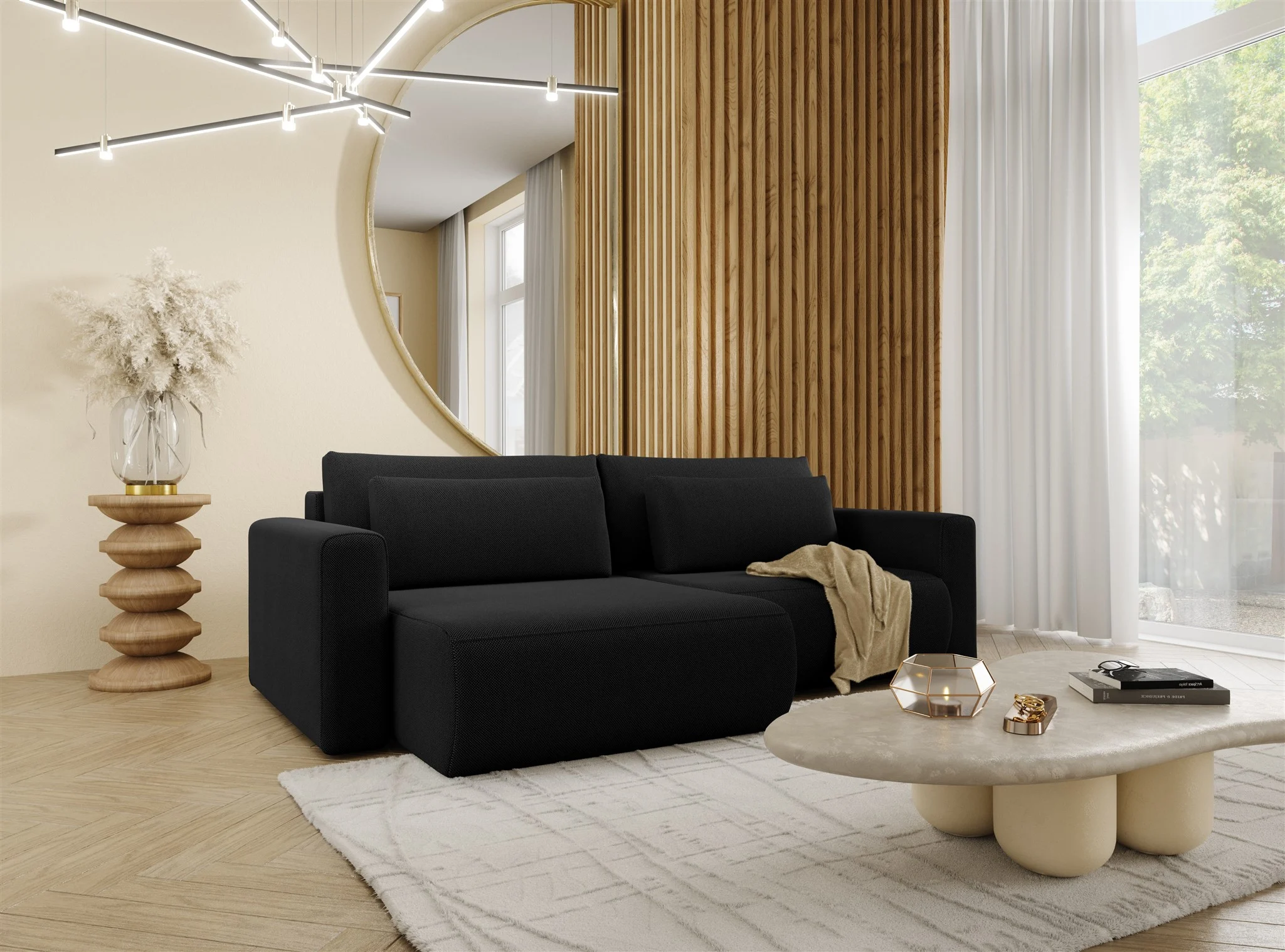 Ecksofa Sofa mit Schlaffunktion CHAIRA Stoff Curio Schwarz Ottomane Links - Fun Möbel