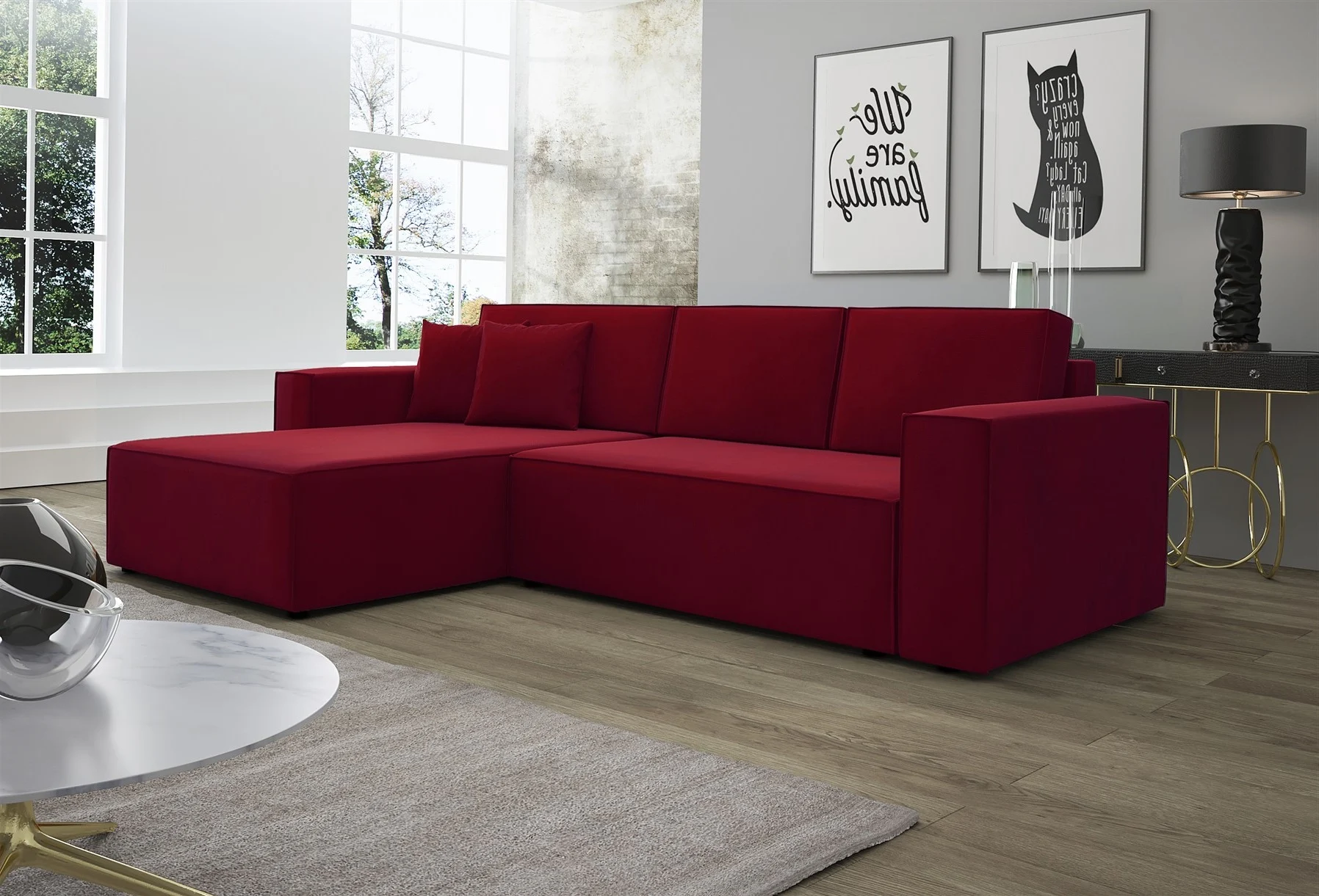 Ecksofa Schlafsofa Sofa CONOR Stoff Kronos Bordeauxrot Ottomane Links - Fun Moebel