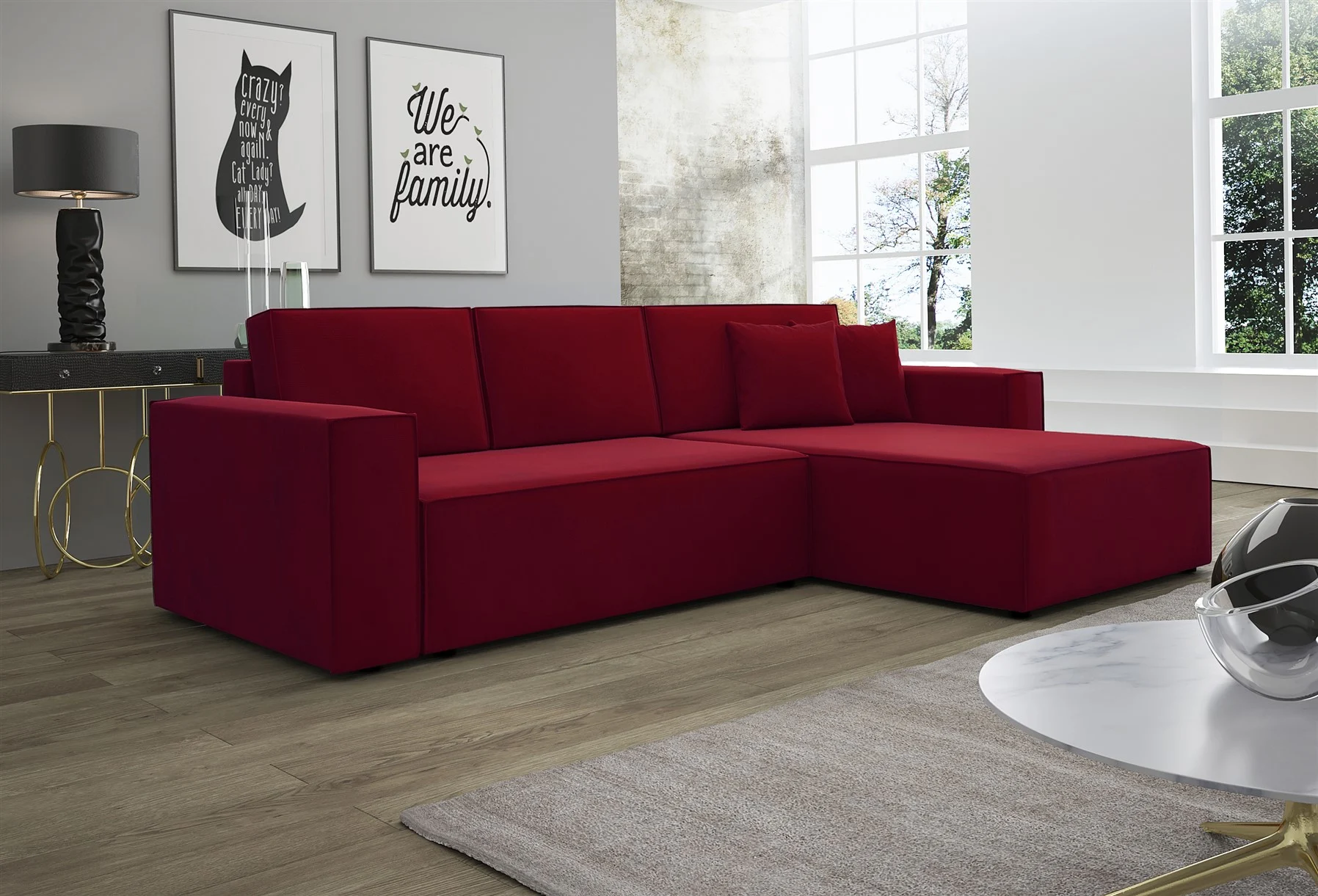 Ecksofa Schlafsofa Sofa CONOR Stoff Kronos Bordeauxrot Ottomane Rechts - Fun Moebel