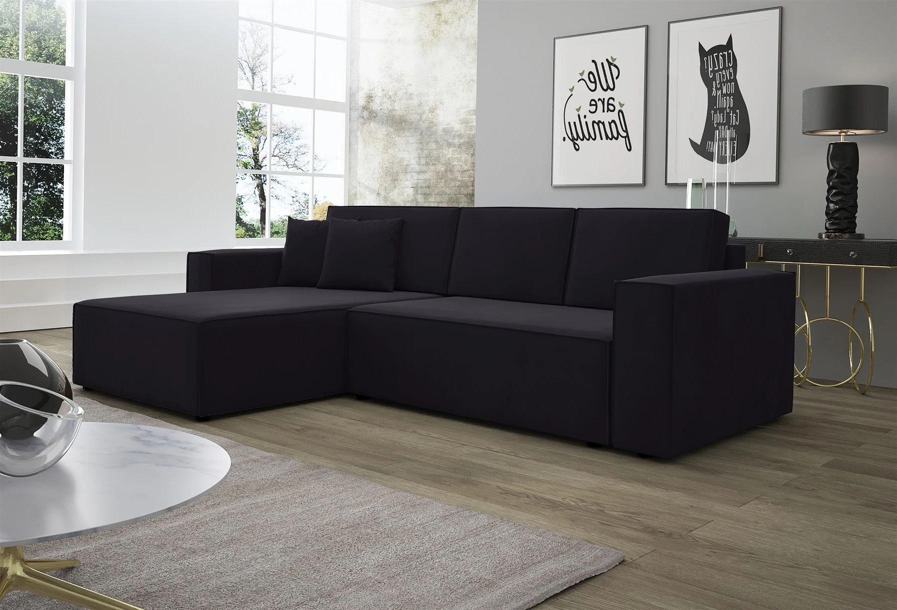Ecksofa Schlafsofa Sofa CONOR Stoff Kronos Schwarz Ottomane Links - Fun Moebel