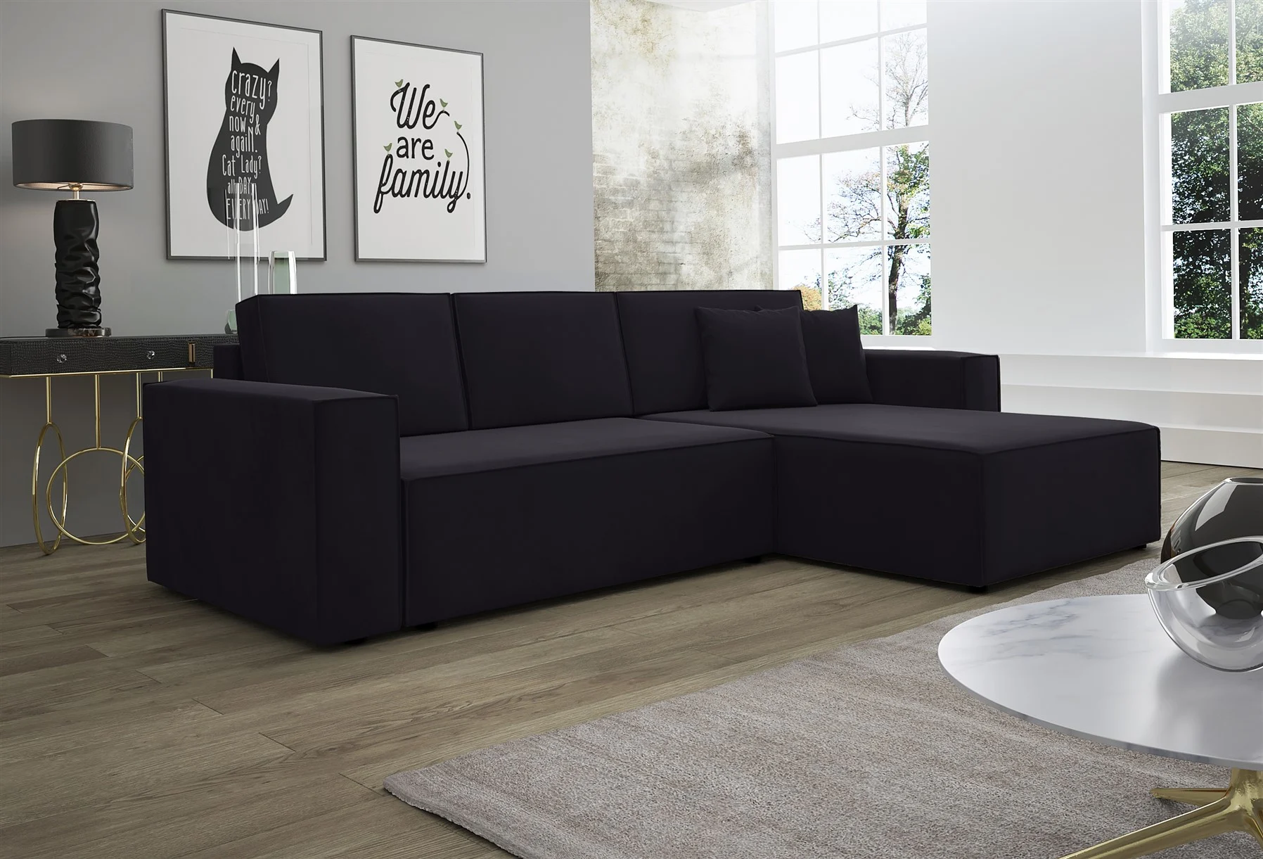 Ecksofa Schlafsofa Sofa CONOR Stoff Kronos Schwarz Ottomane Rechts - Fun Moebel