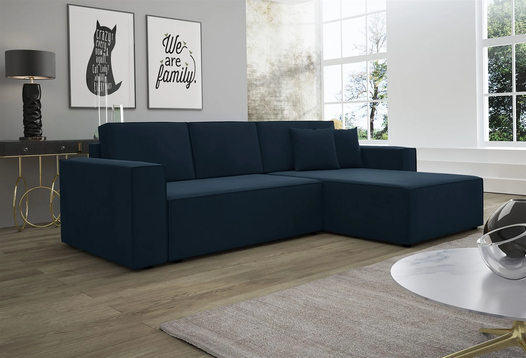 Ecksofa Schlafsofa Sofa CONOR Stoff Kronos Dunkelblau Ottomane Rechts - Fun Moebel