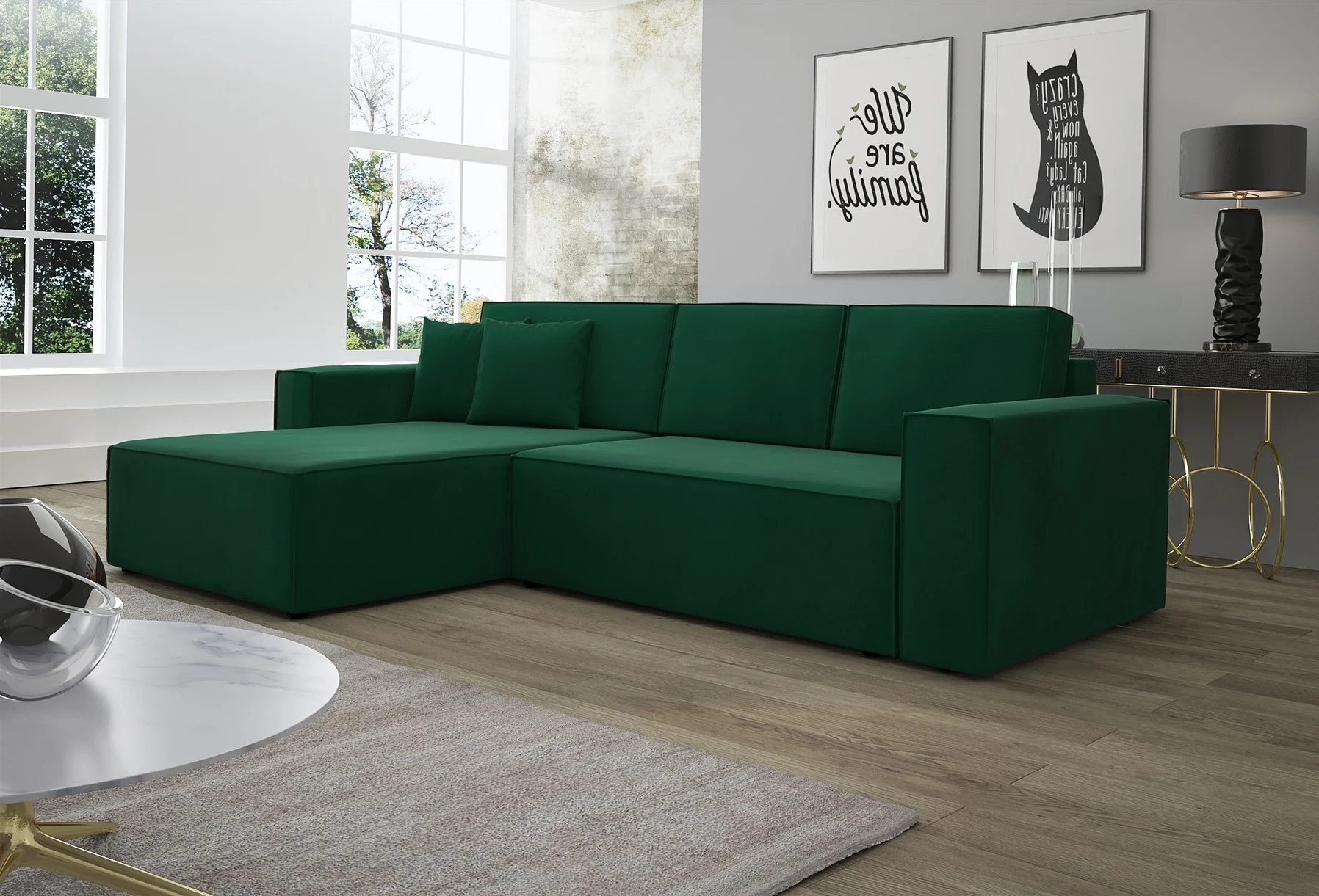 Ecksofa Schlafsofa Sofa CONOR Stoff Kronos Dunkelgrün Ottomane Links - Fun Moebel