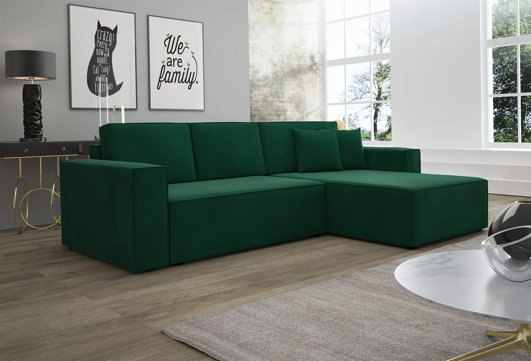 Ecksofa Schlafsofa Sofa CONOR Stoff Kronos Dunkelgrün Ottomane Rechts - Fun Moebel