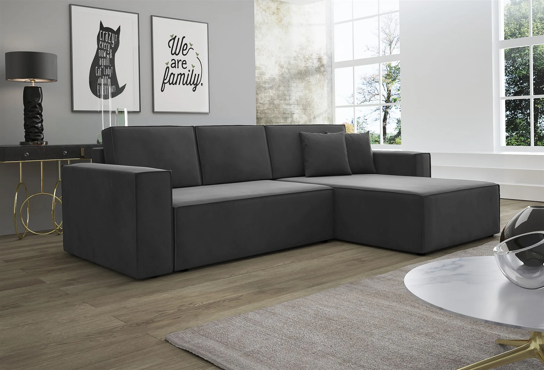 Ecksofa Schlafsofa Sofa CONOR Stoff Kronos Steel Morengo Ottomane Rechts - Fun Moebel