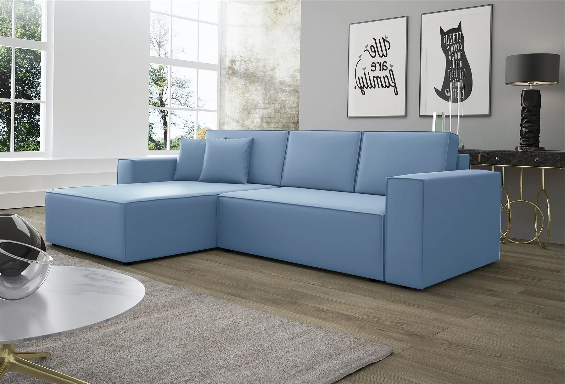 Ecksofa Schlafsofa Sofa CONOR Kunstleder Azurblau Ottomane Links - Fun Moebel