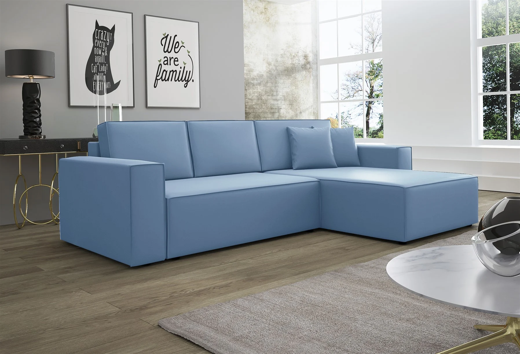 Ecksofa Schlafsofa Sofa CONOR Kunstleder Azurblau Ottomane Rechts - Fun Moebel
