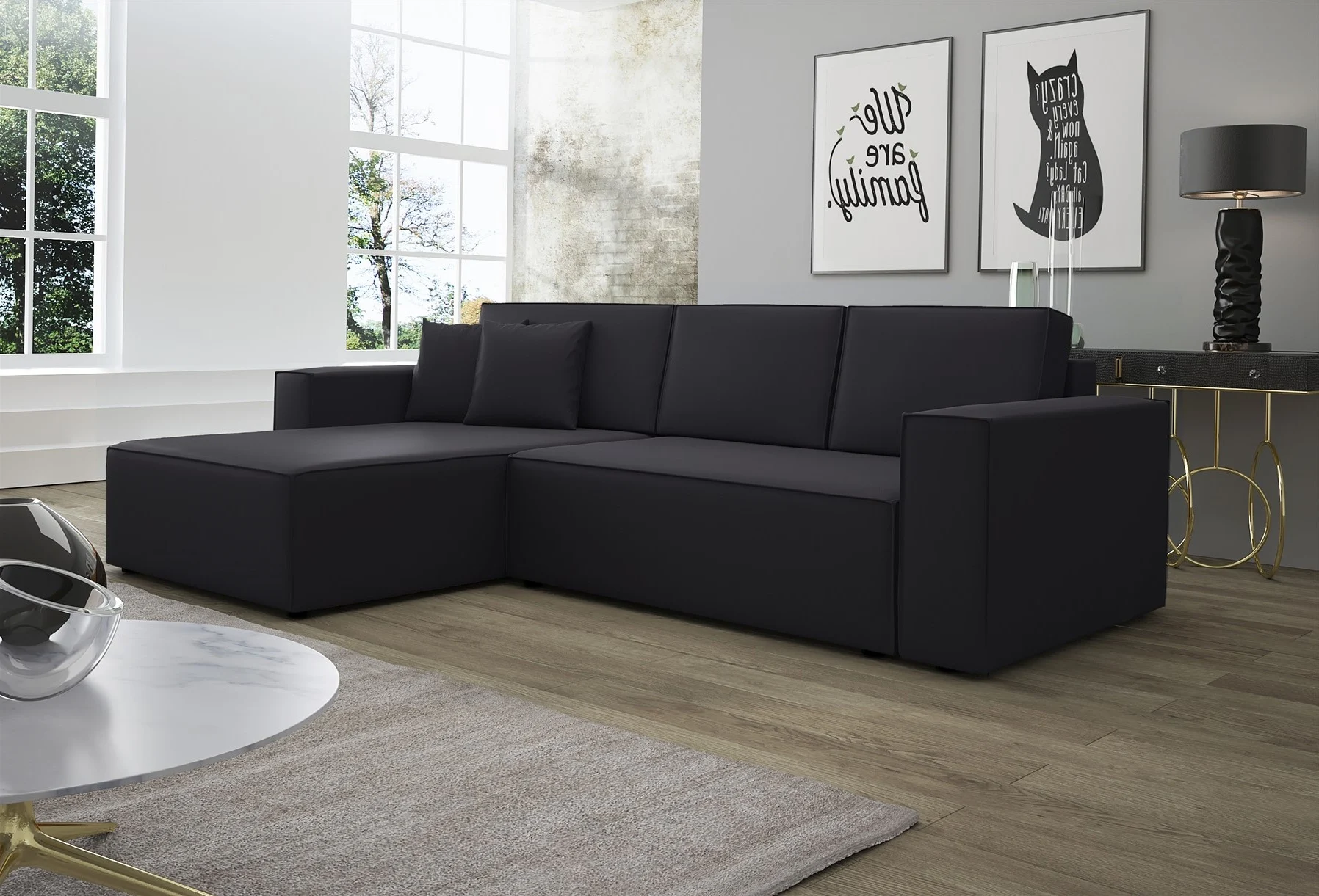 Ecksofa Schlafsofa Sofa CONOR Kunstleder Schwarz Ottomane Links - Fun Moebel