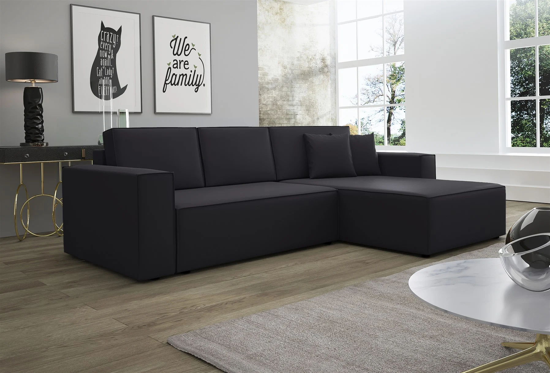 Ecksofa Schlafsofa Sofa CONOR Kunstleder Schwarz Ottomane Rechts - Fun Moebel