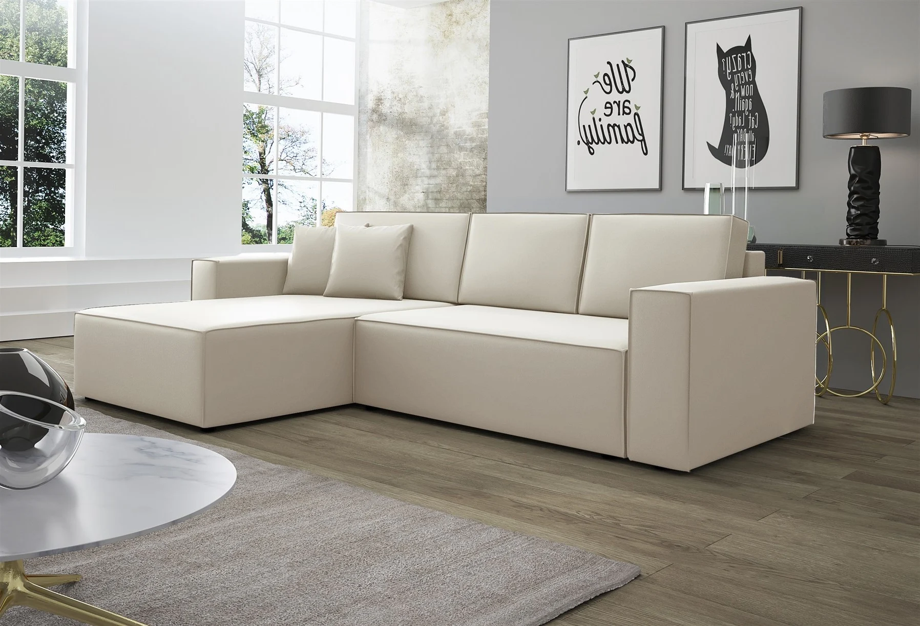 Ecksofa Schlafsofa Sofa CONOR Kunstleder Creme Ottomane Links - Fun Moebel