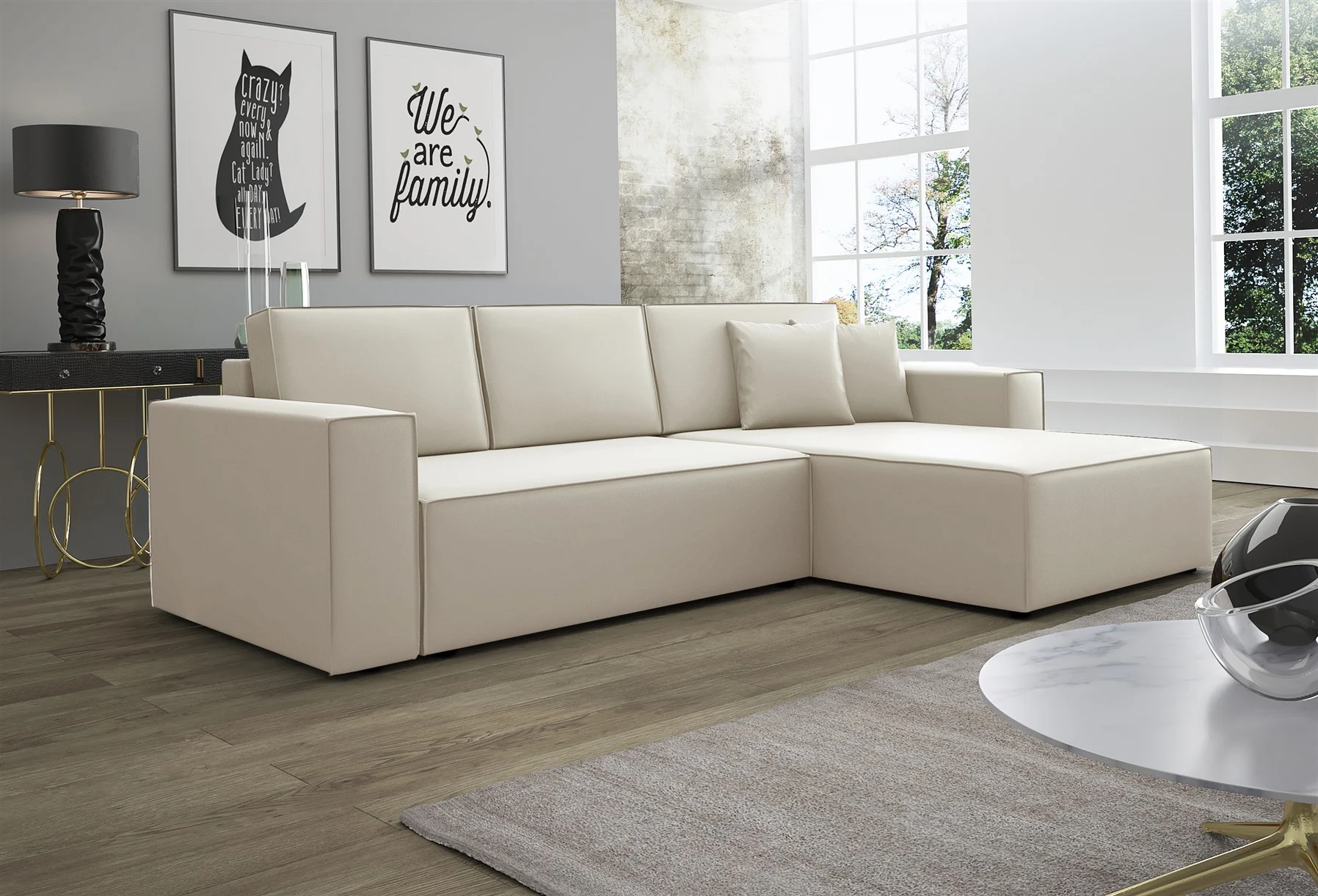 Ecksofa Schlafsofa Sofa CONOR Kunstleder Creme Ottomane Rechts - Fun Moebel