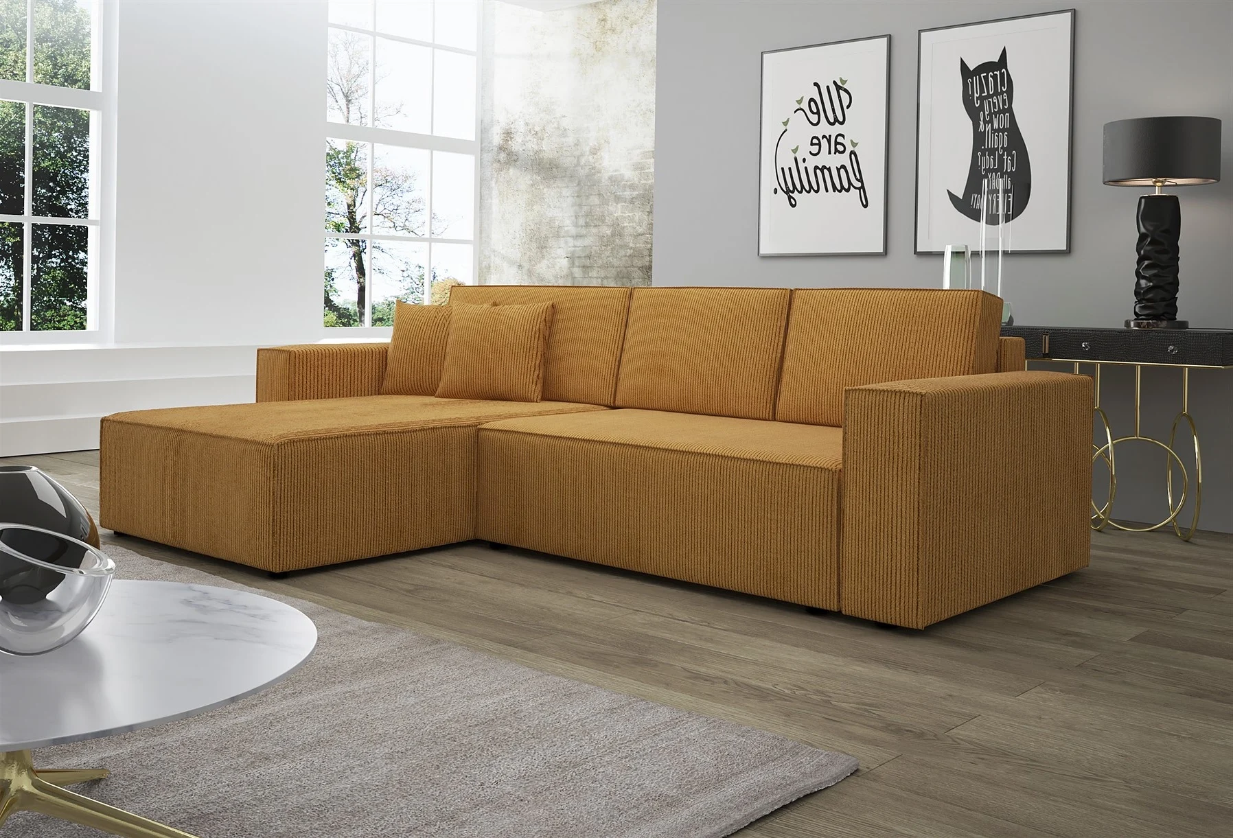Ecksofa Schlafsofa Sofa CONOR Stoff Senf Ottomane Links - Fun Moebel