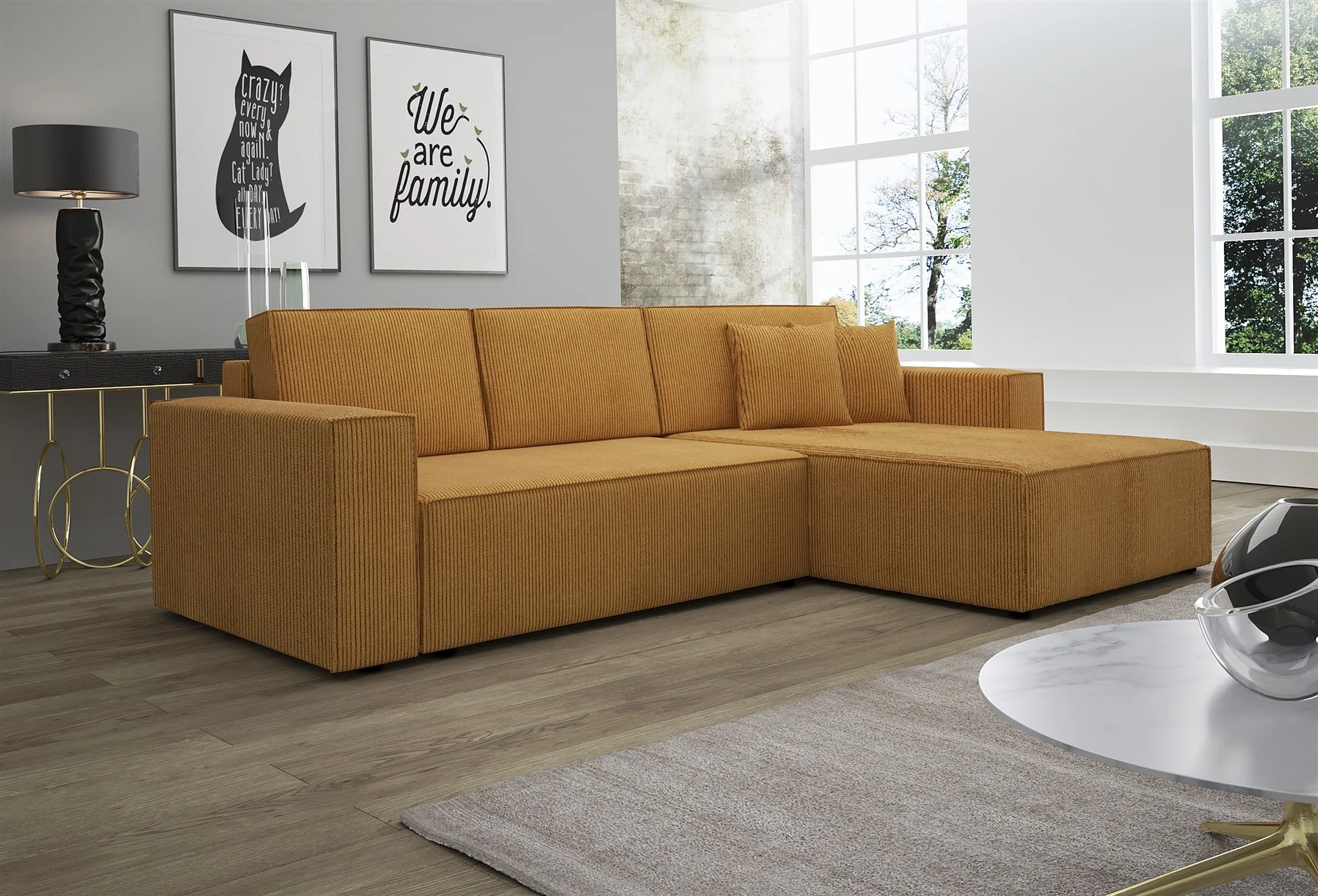 Ecksofa Schlafsofa Sofa CONOR Stoff Senf Ottomane Rechts - Fun Moebel