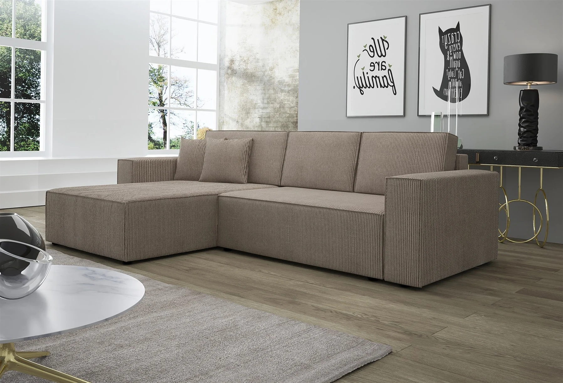 Ecksofa Schlafsofa Sofa CONOR Stoff Dunkelbeige Ottomane Links - Fun Moebel