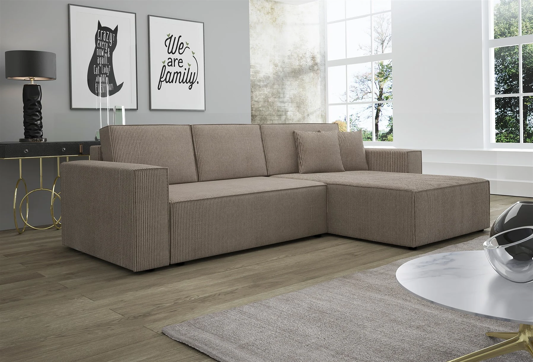 Ecksofa Schlafsofa Sofa CONOR Stoff Dunkelbeige Ottomane Rechts - Fun Moebel