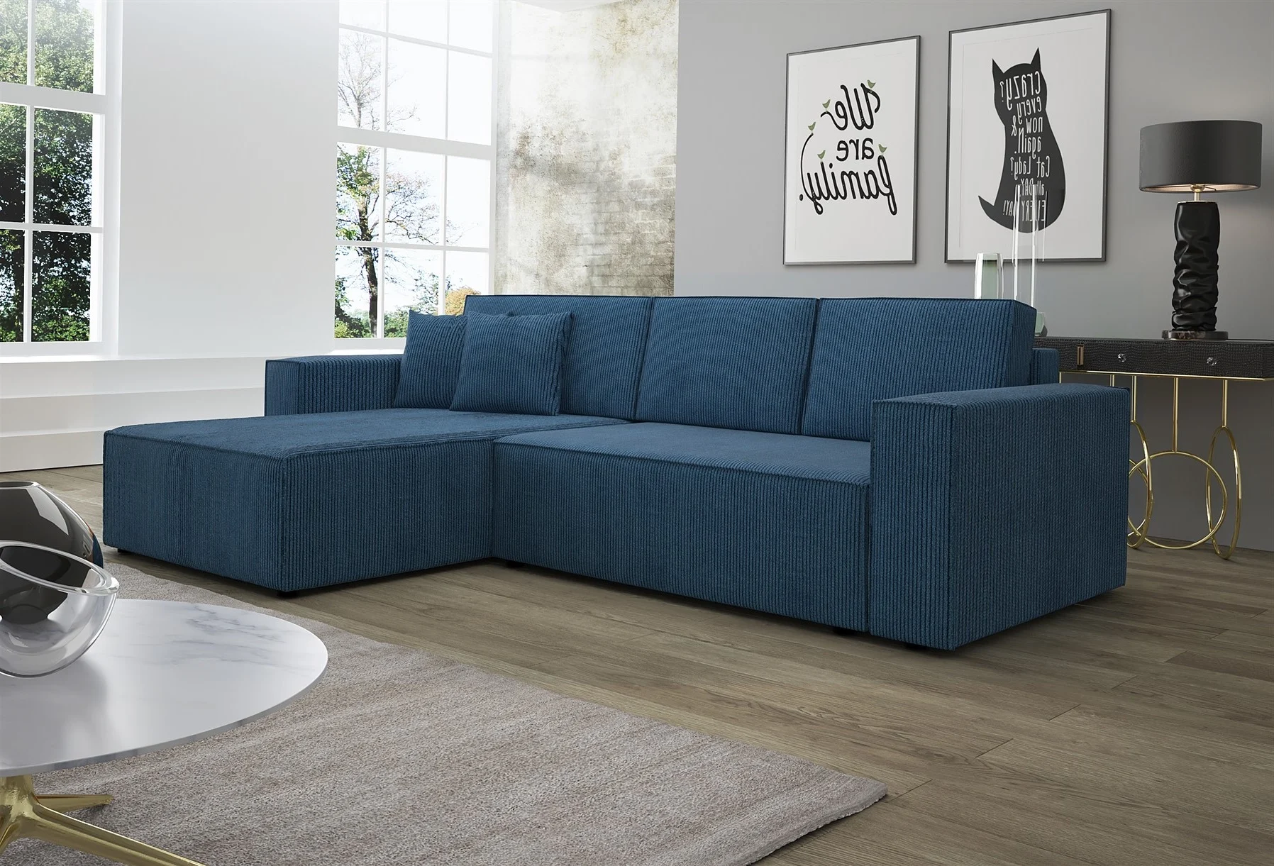 Ecksofa Schlafsofa Sofa CONOR Stoff Marineblau Ottomane Links - Fun Moebel