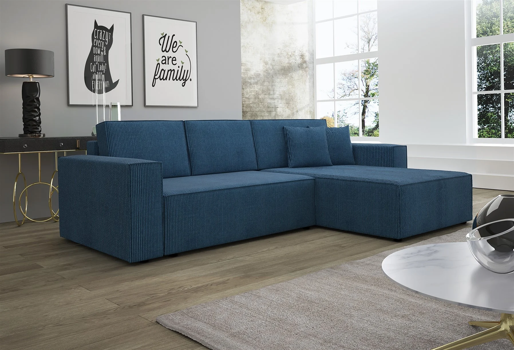 Ecksofa Schlafsofa Sofa CONOR Stoff Marineblau Ottomane Rechts - Fun Moebel
