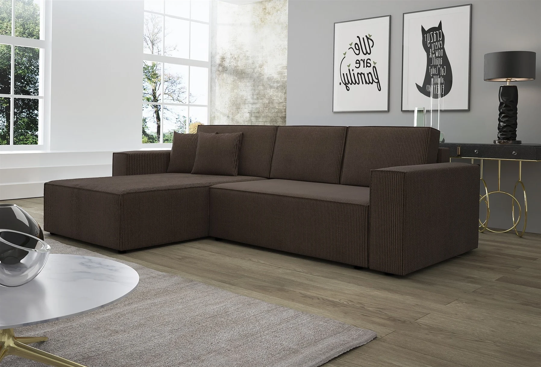 Ecksofa Schlafsofa Sofa CONOR Stoff Dunkelbraun Ottomane Links - Fun Moebel