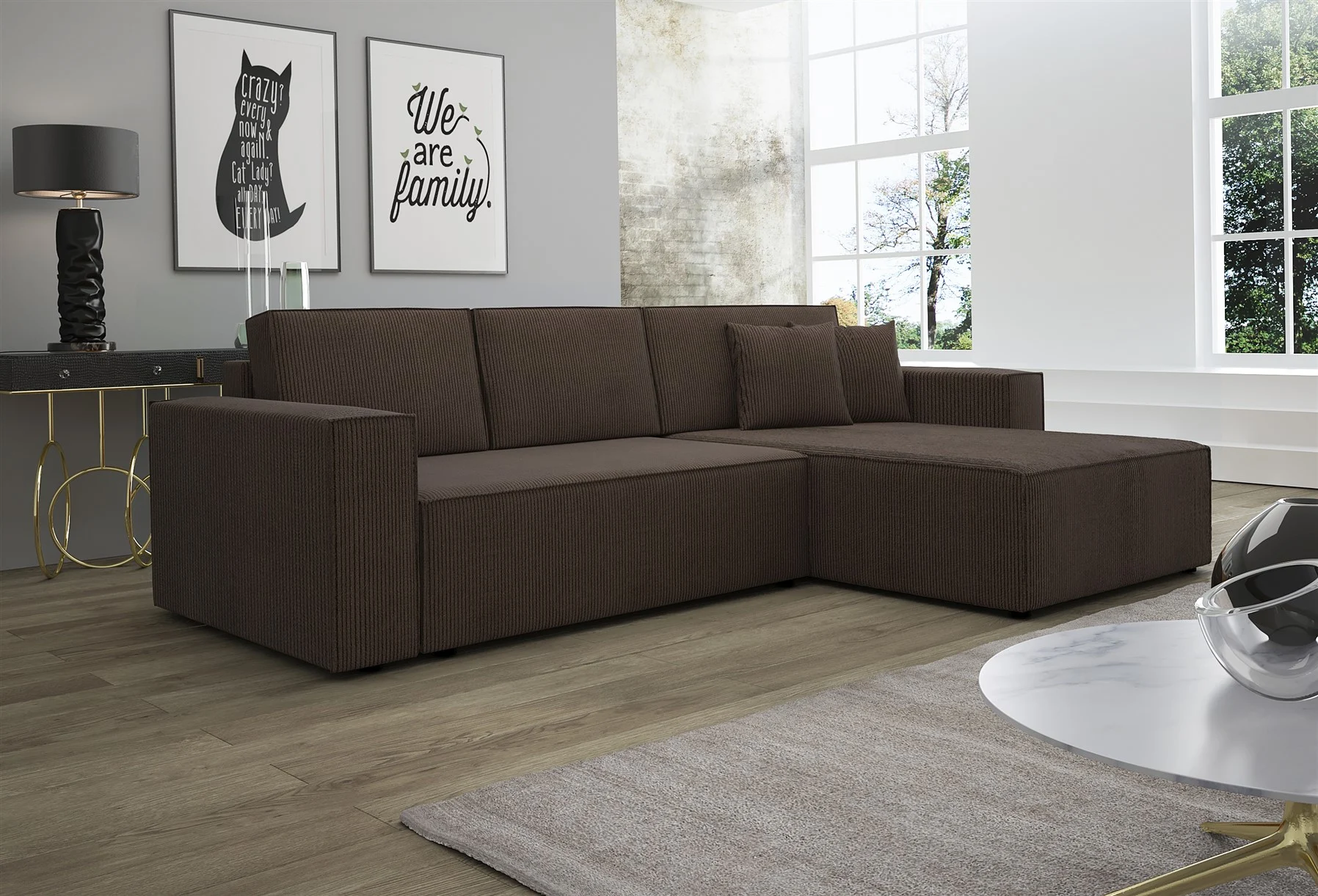 Ecksofa Schlafsofa Sofa CONOR Stoff Dunkelbraun Ottomane Rechts - Fun Moebel