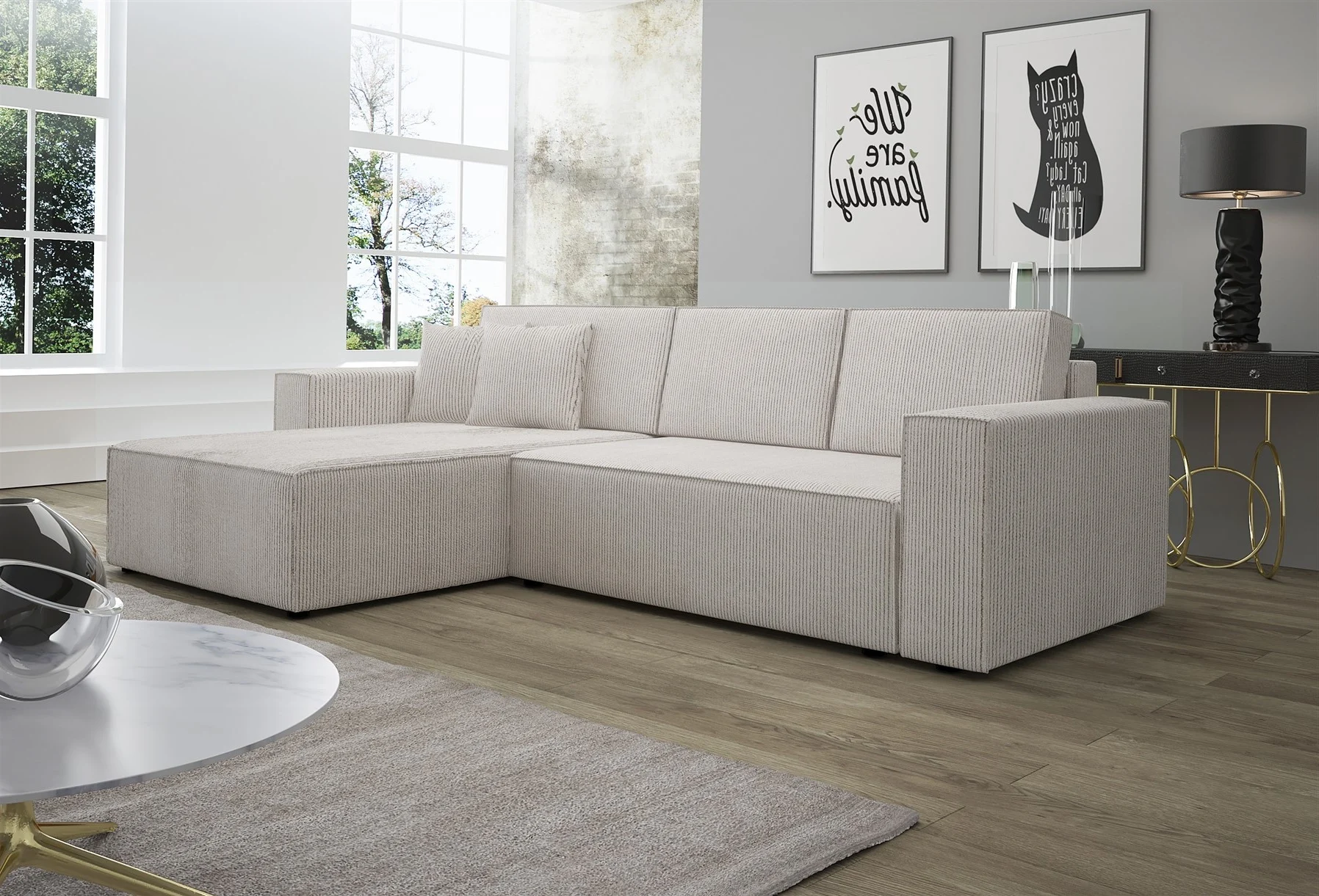 Ecksofa Schlafsofa Sofa CONOR Stoff Altweiss Ottomane Links - Fun Moebel