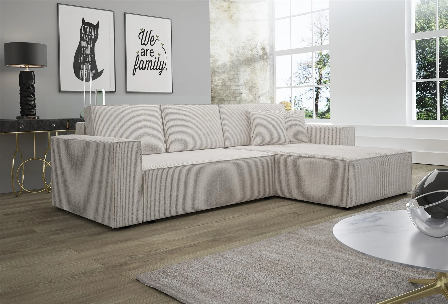 Ecksofa Schlafsofa Sofa CONOR Stoff Altweiss Ottomane Rechts - Fun Moebel