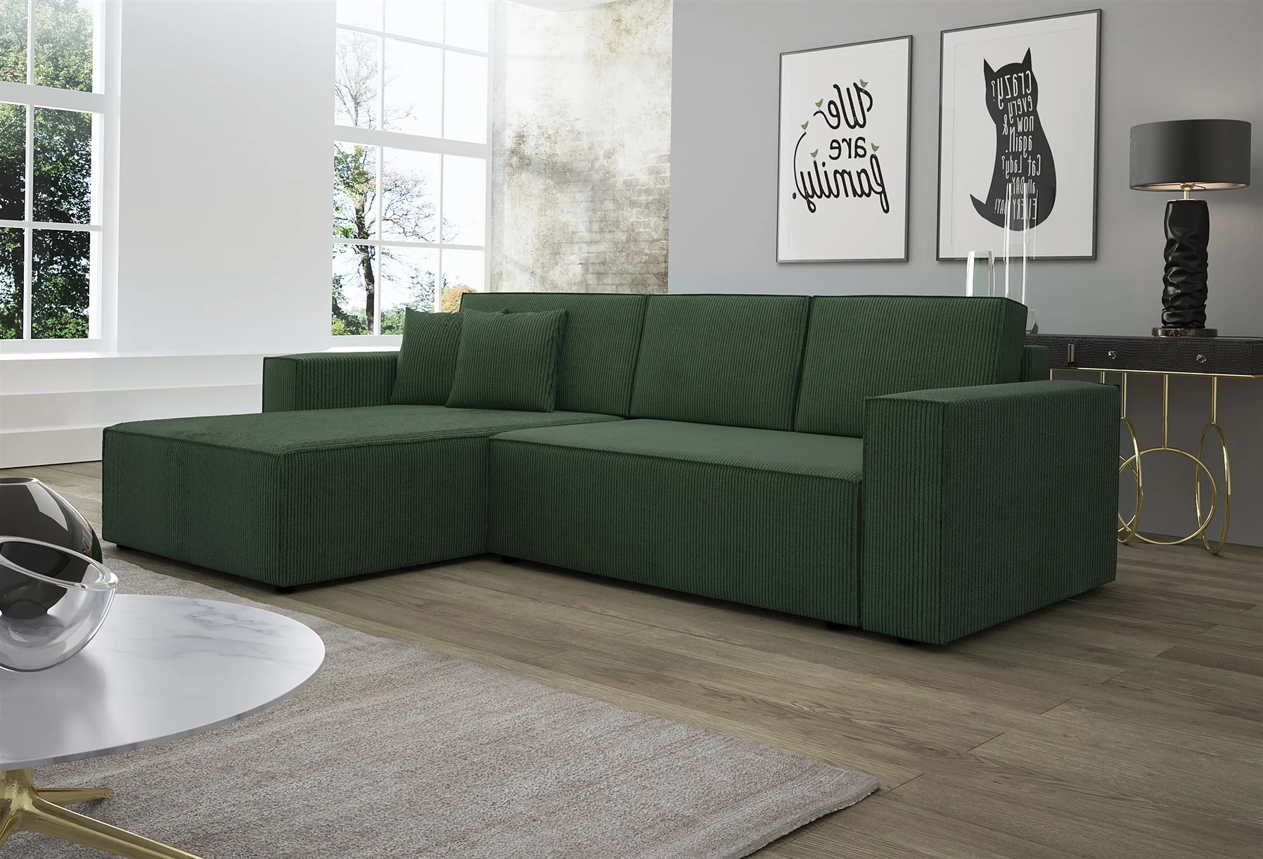 Ecksofa Schlafsofa Sofa CONOR Stoff Dunkelgrün Ottomane Links - Fun Moebel