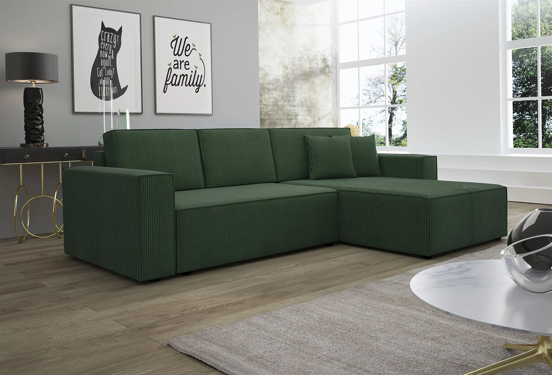 Ecksofa Schlafsofa Sofa CONOR Stoff Dunkelgrün Ottomane Rechts - Fun Moebel