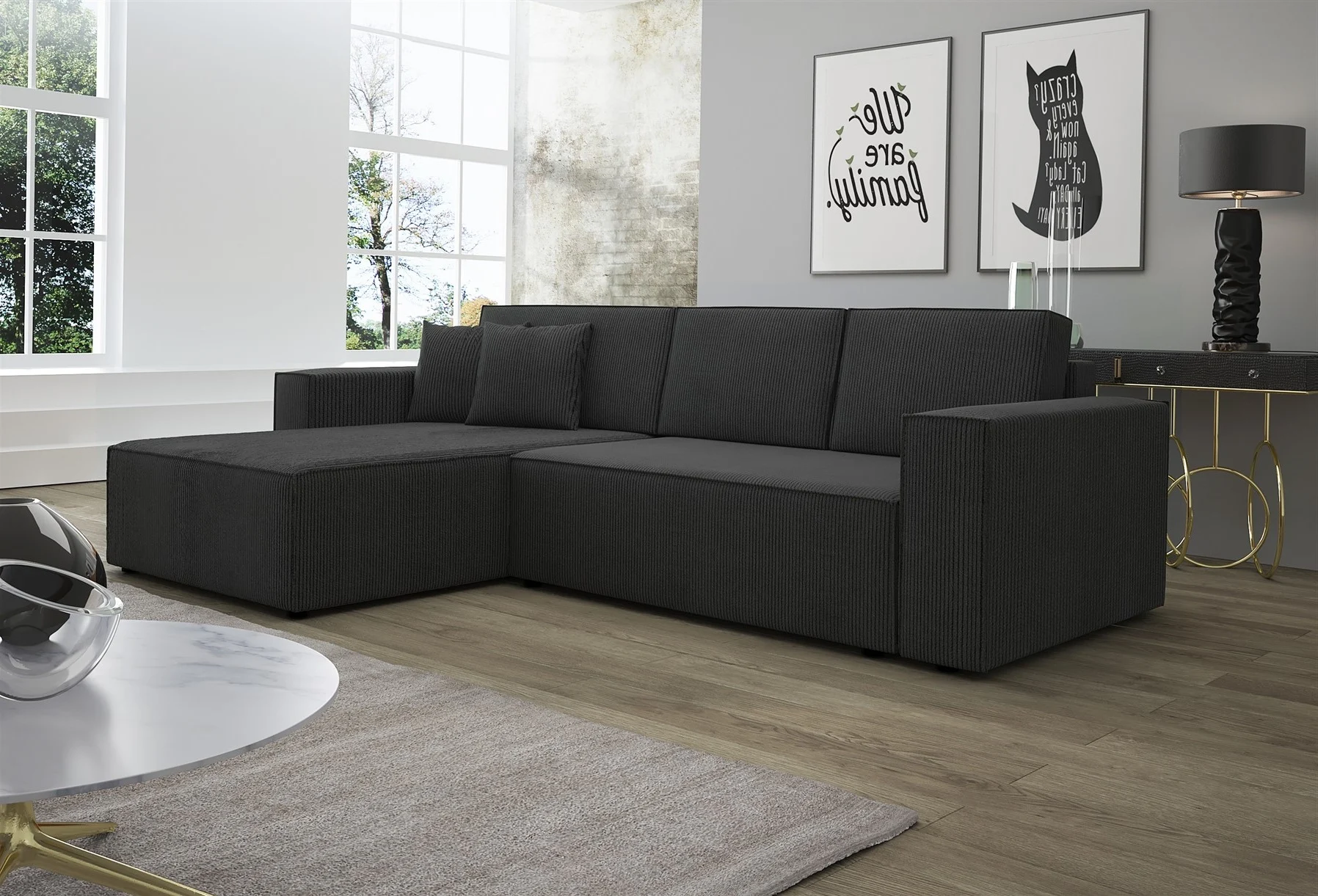 Ecksofa Schlafsofa Sofa CONOR Stoff Schwarz Ottomane Links - Fun Moebel