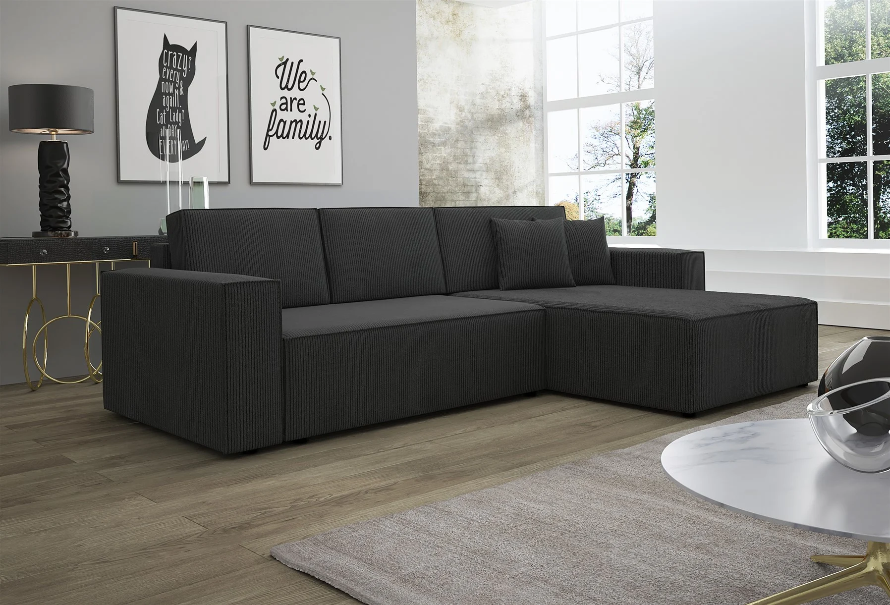 Ecksofa Schlafsofa Sofa CONOR Stoff Schwarz Ottomane Rechts - Fun Moebel