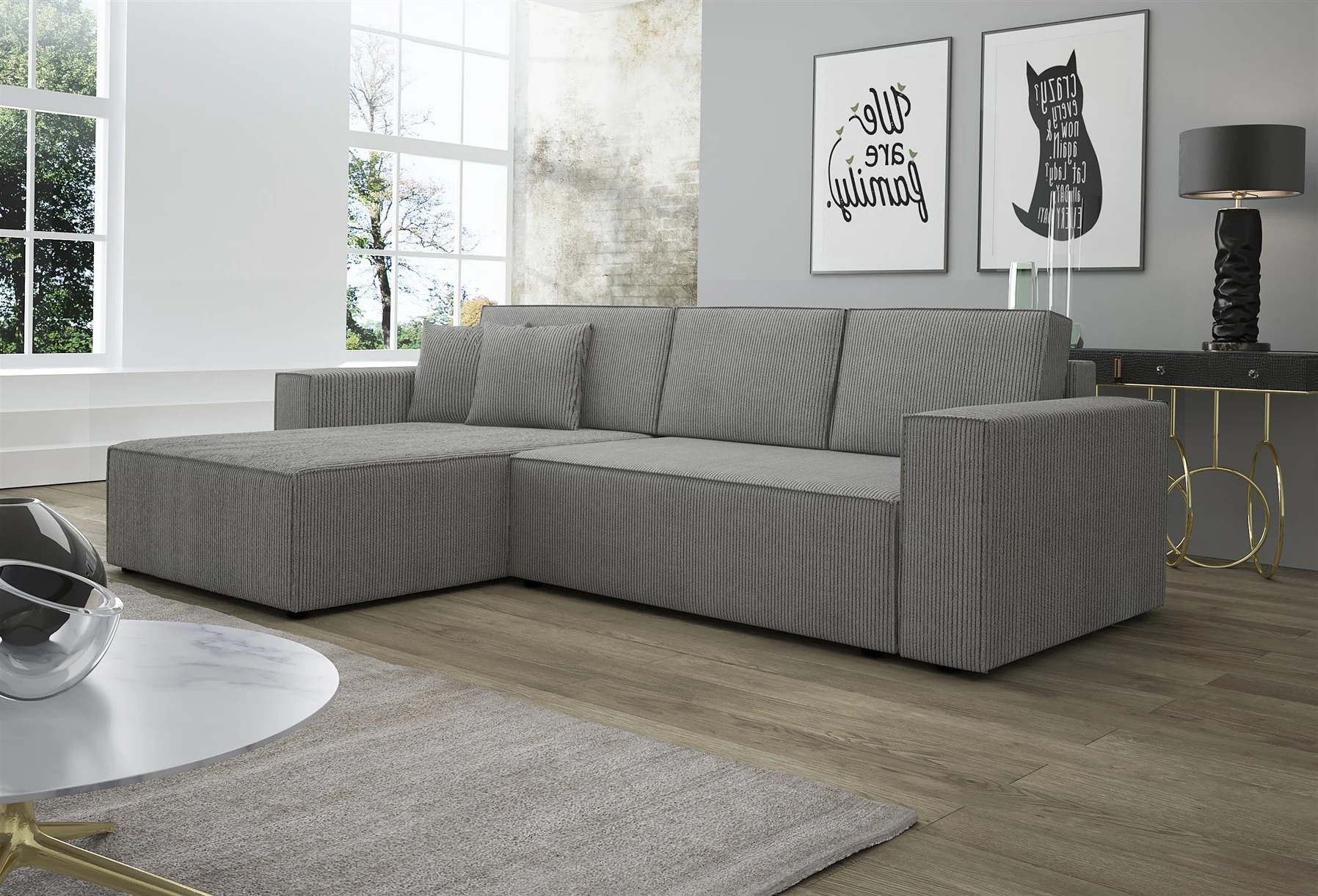 Ecksofa Schlafsofa Sofa CONOR Stoff Hellgrau Ottomane Links - Fun Moebel