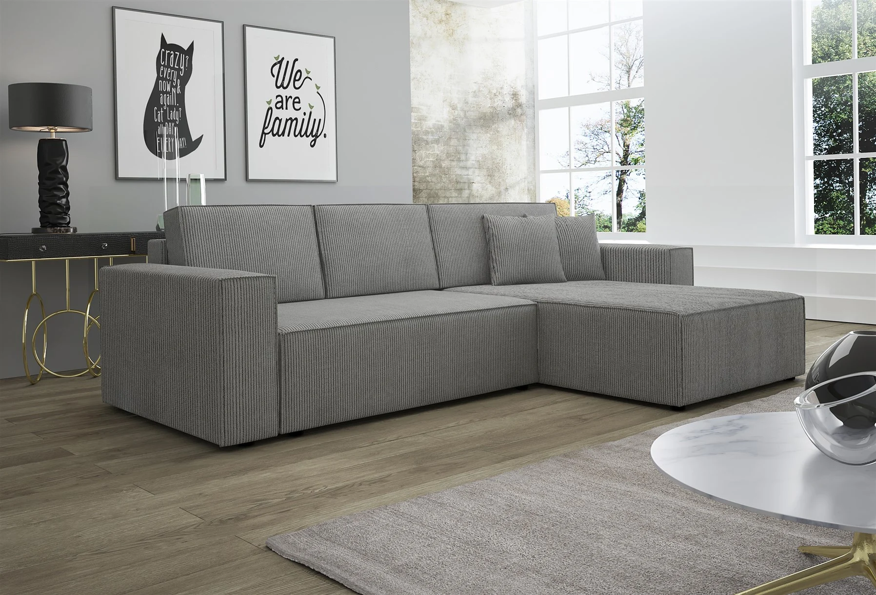Ecksofa Schlafsofa Sofa CONOR Stoff Hellgrau Ottomane Rechts - Fun Moebel