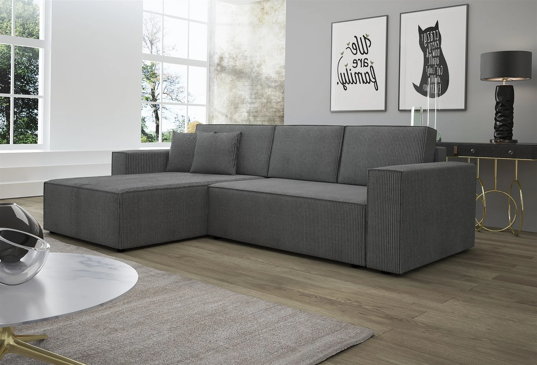 Ecksofa Schlafsofa Sofa CONOR Stoff Dunkelgrau Ottomane Links - Fun Moebel