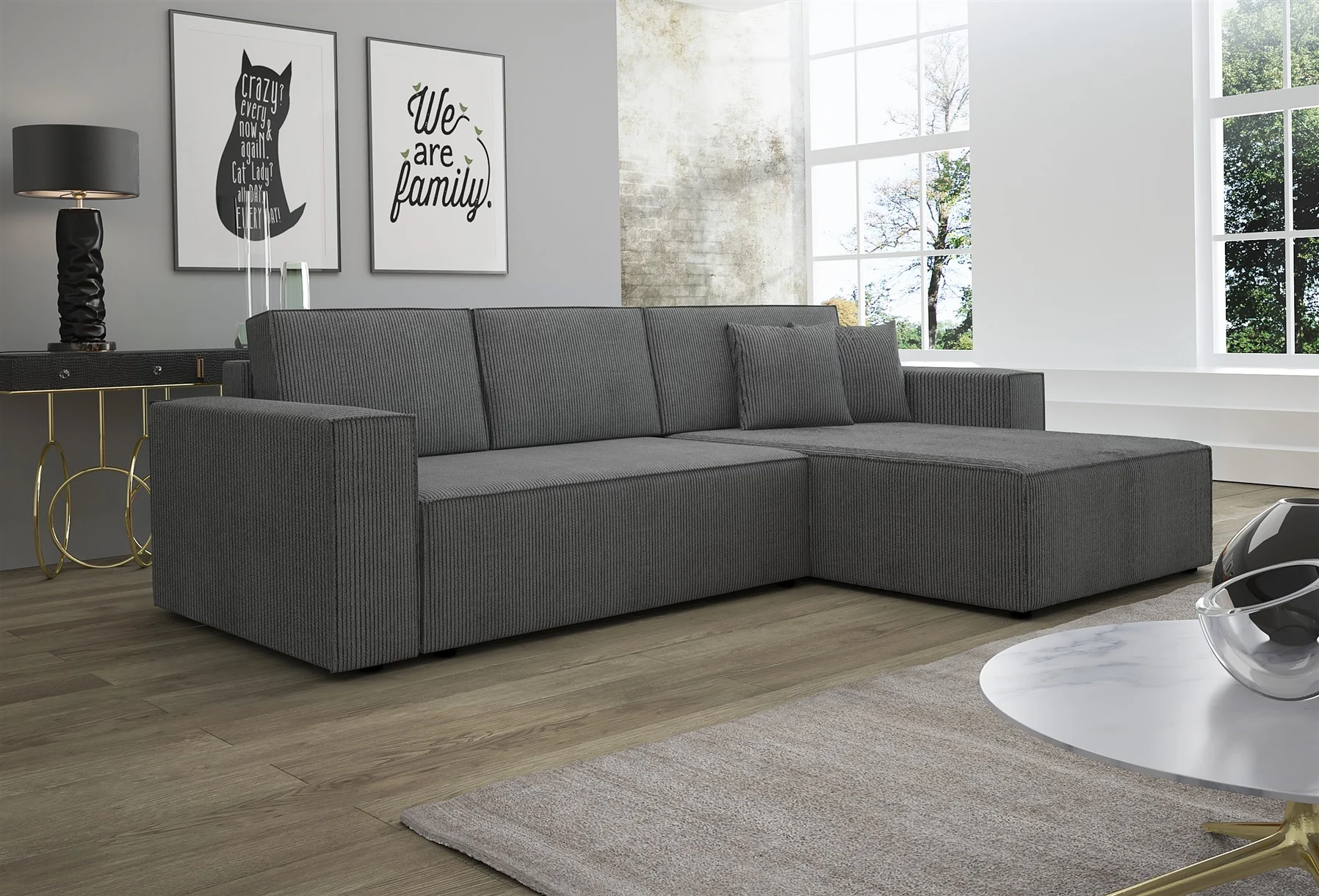 Ecksofa Schlafsofa Sofa CONOR Stoff Dunkelgrau Ottomane Rechts - Fun Moebel
