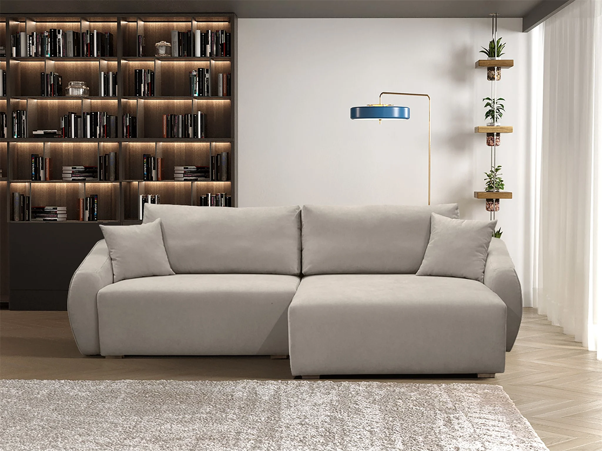 Ecksofa Designersofa Sofa ELISE in Stoff Wind Beige Ottomane Rechts - Fun Möbel