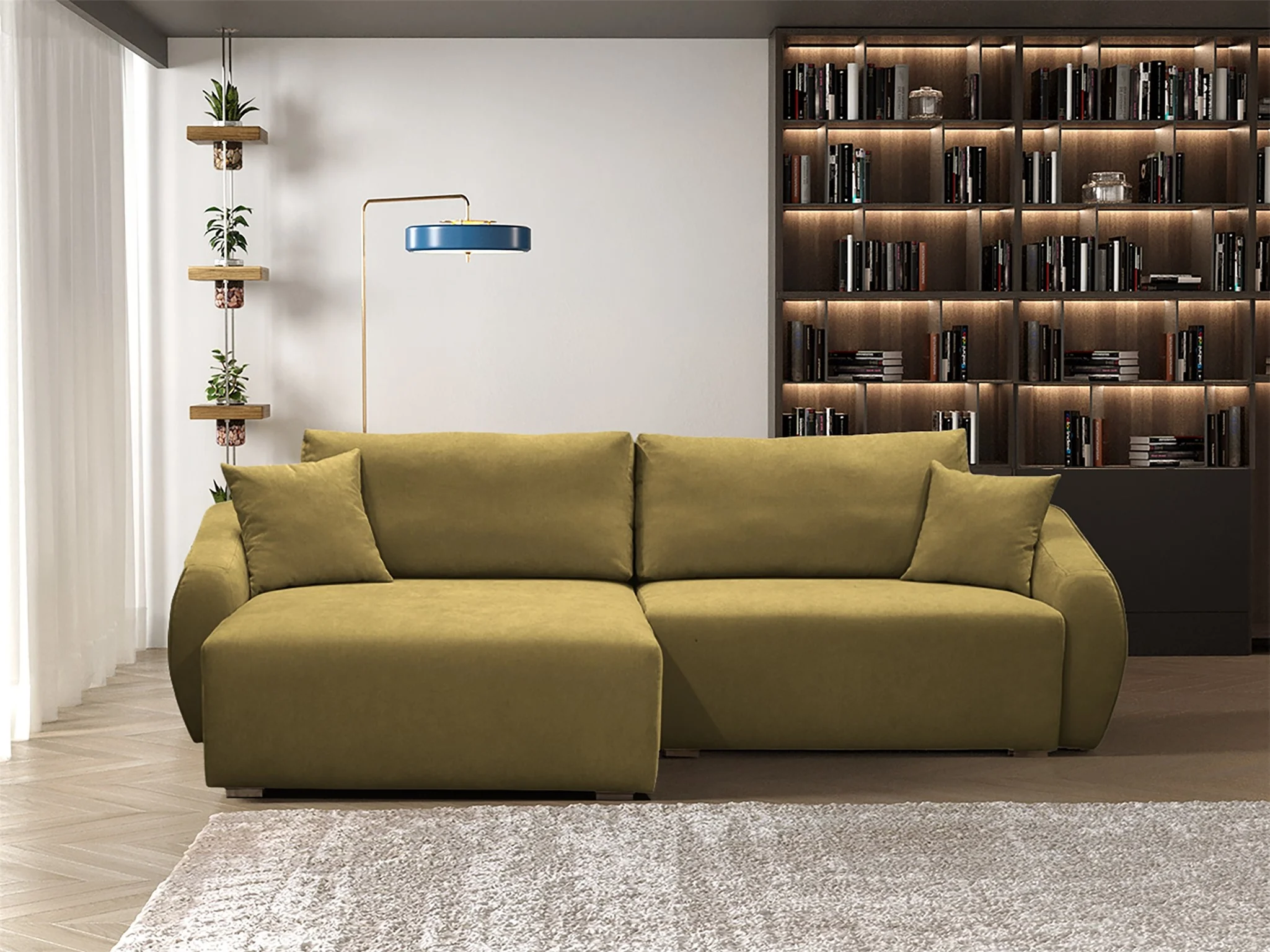 Ecksofa Designersofa Sofa ELISE in Stoff Wind Olivgrün Ottomane Links - Fun Möbel