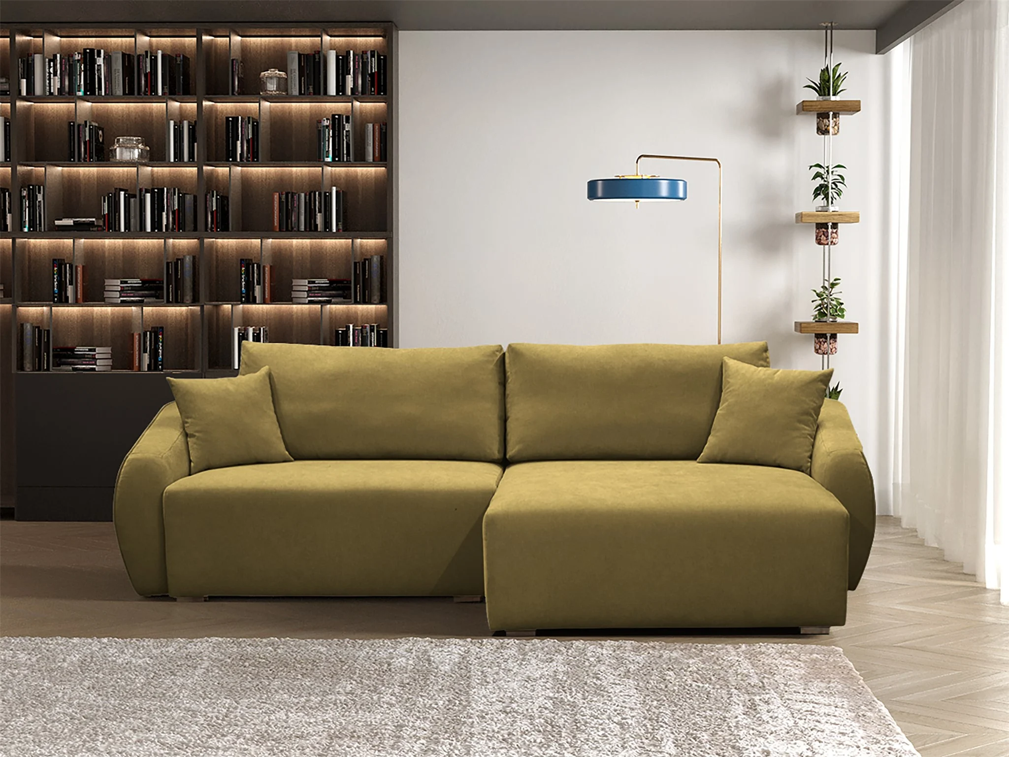 Ecksofa Designersofa Sofa ELISE in Stoff Wind Olivgrün Ottomane Rechts - Fun Möbel