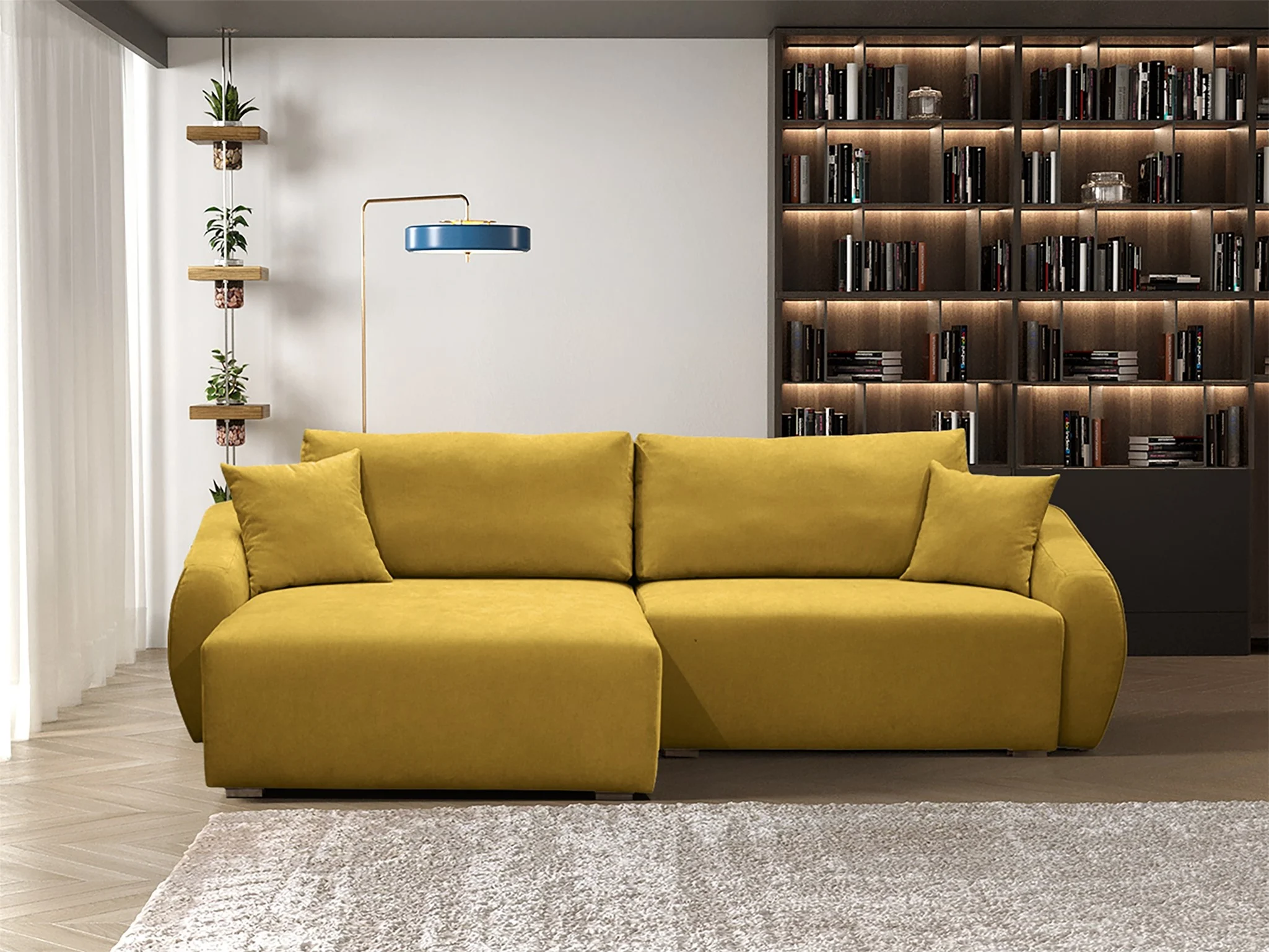 Ecksofa Designersofa Sofa ELISE in Stoff Wind Senfgelb Ottomane Links - Fun Möbel