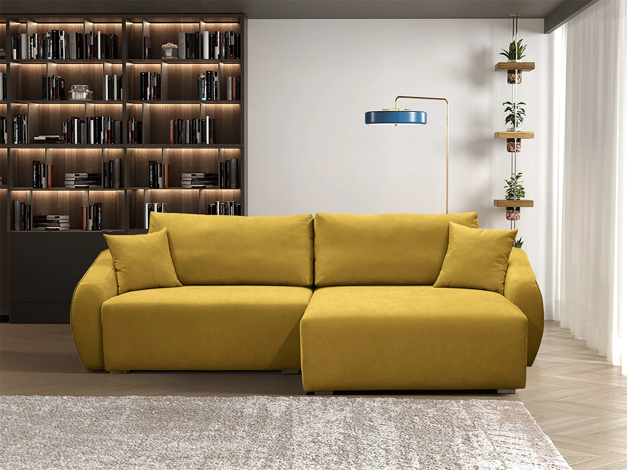 Ecksofa Designersofa Sofa ELISE in Stoff Wind Senfgelb Ottomane Rechts - Fun Möbel