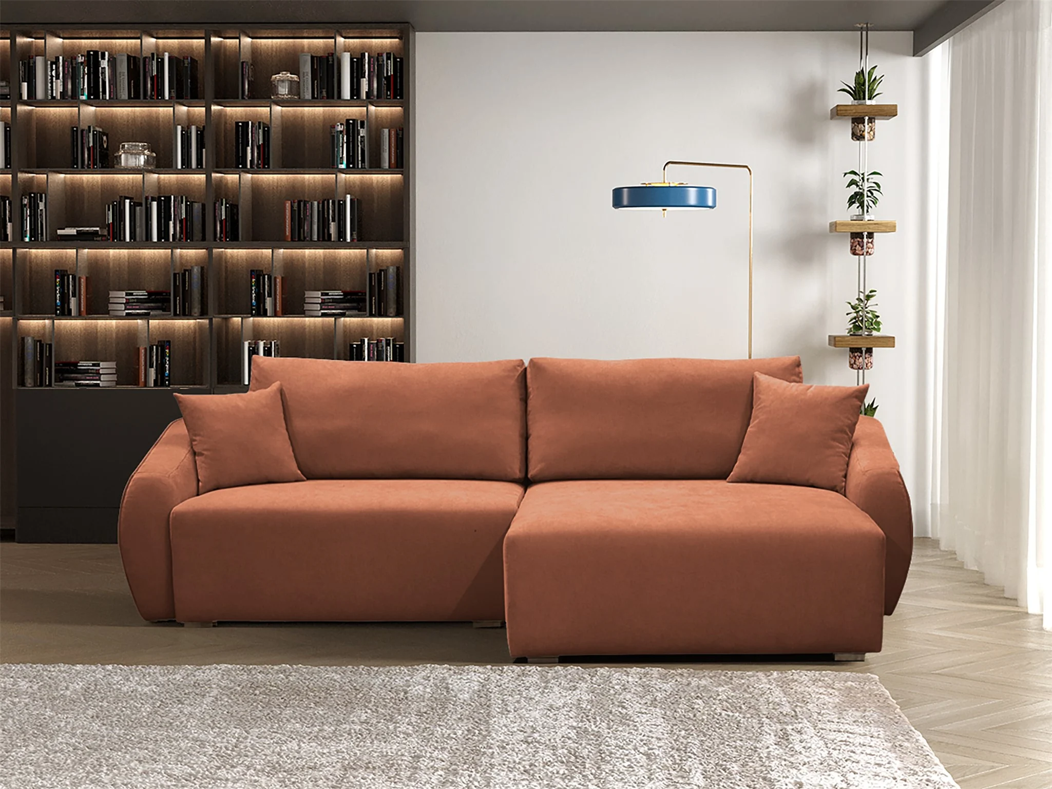 Ecksofa Designersofa Sofa ELISE in Stoff Wind Ziegelrot Ottomane Rechts - Fun Möbel